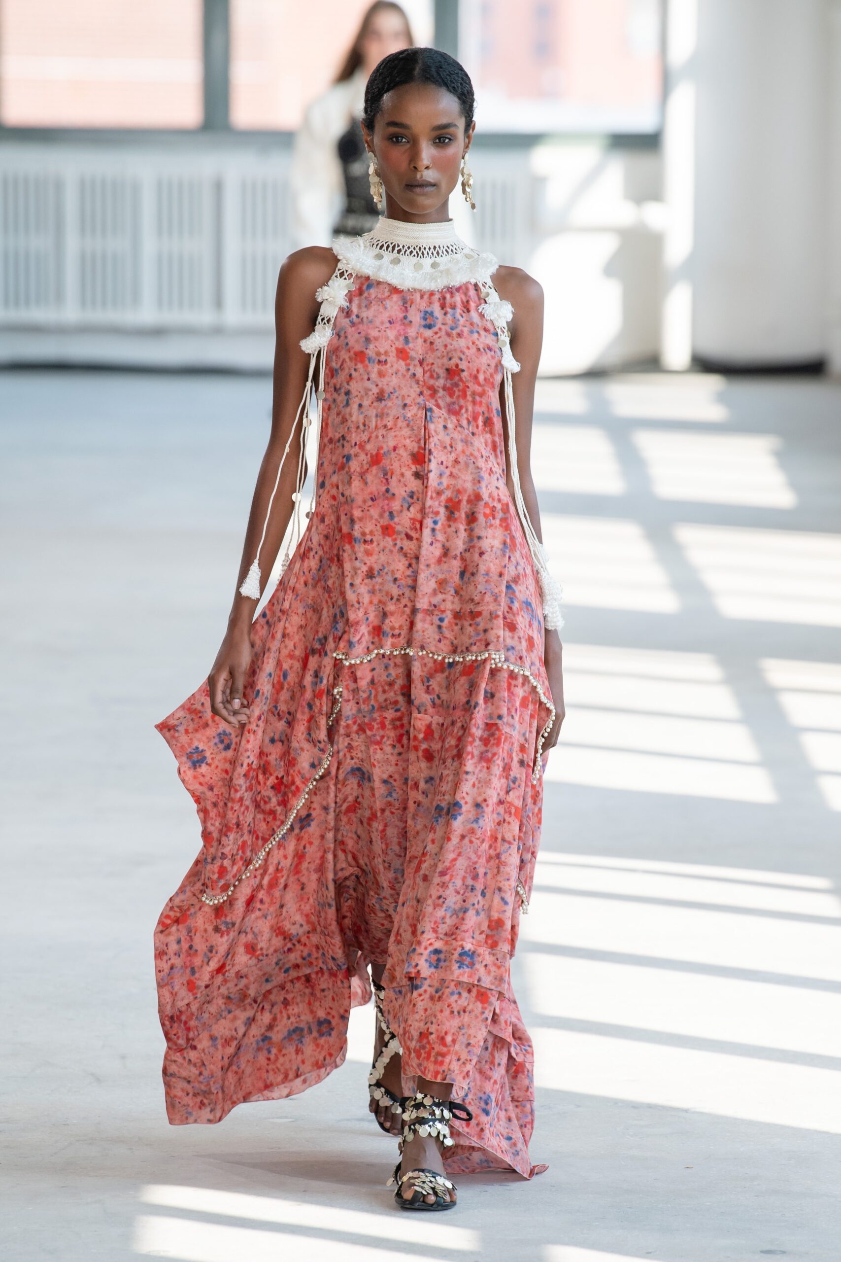 pink multi-tiered maxi dress