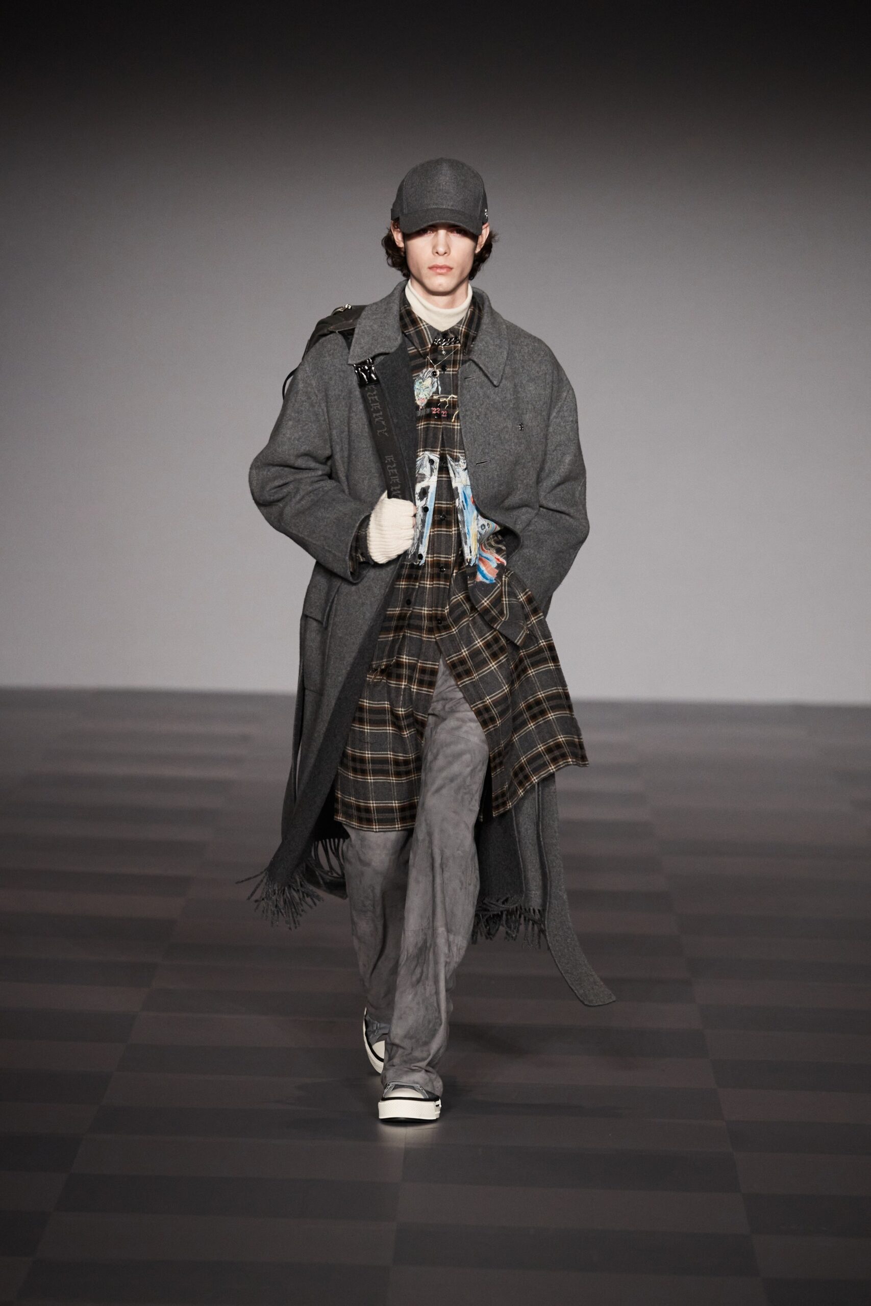 gray wool coat with checked shirt