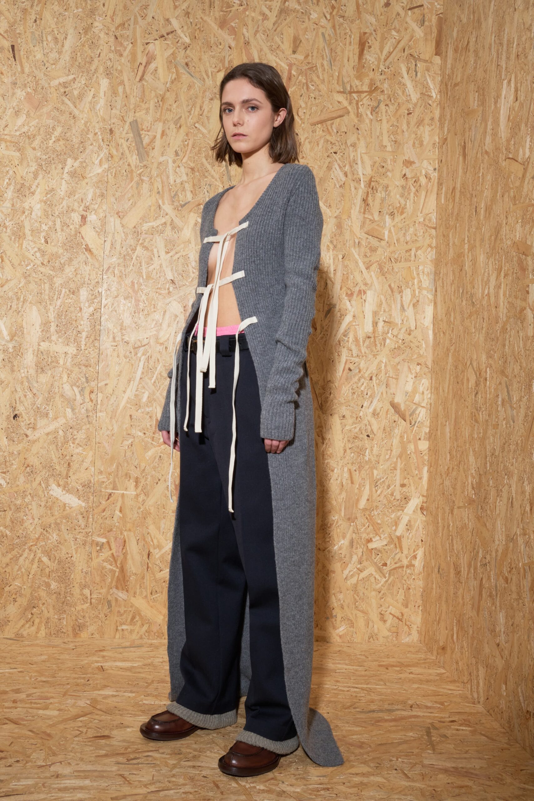 gray wool long-sleeve v-neck relaxed draped maxi cardigan