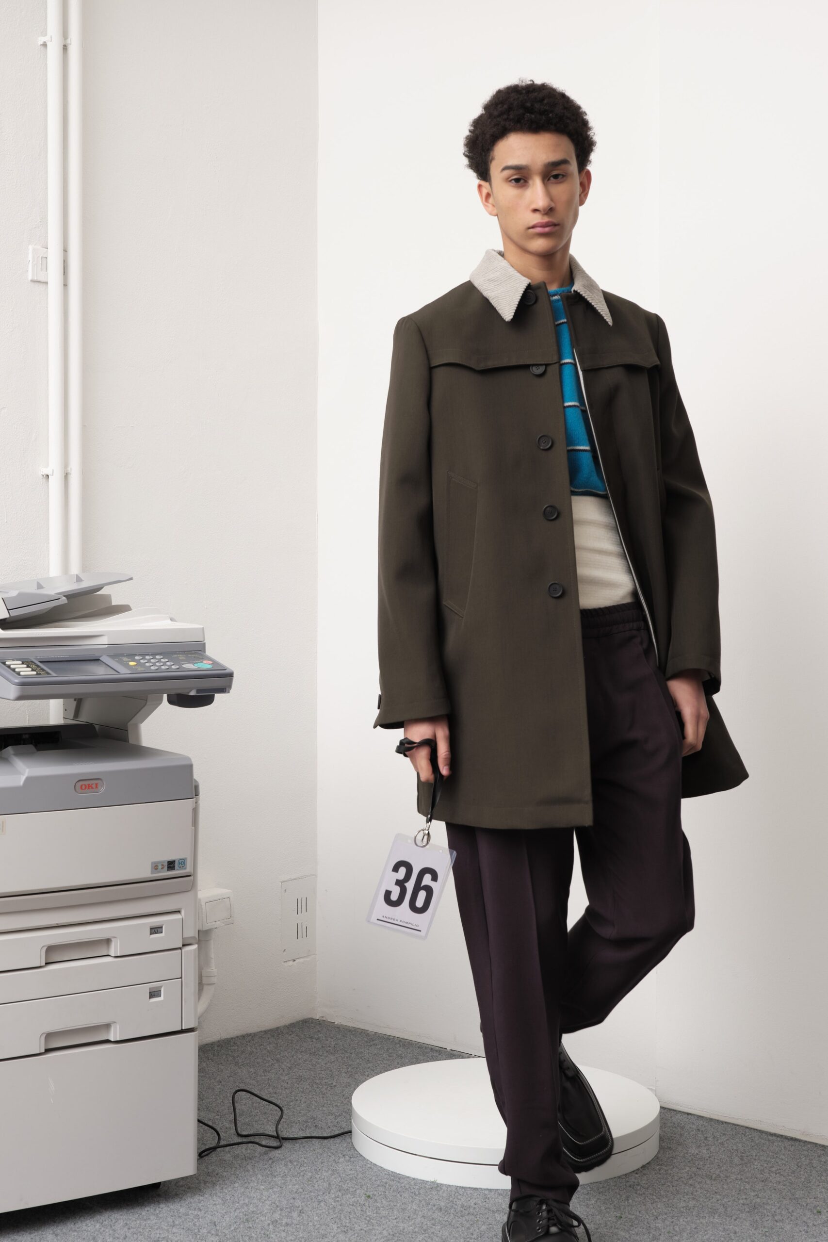brown wool coat with tailored pants