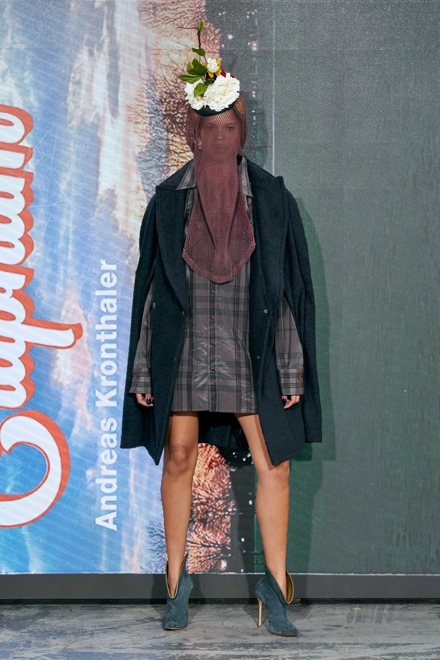 black wool relaxed coat with gray mini dress