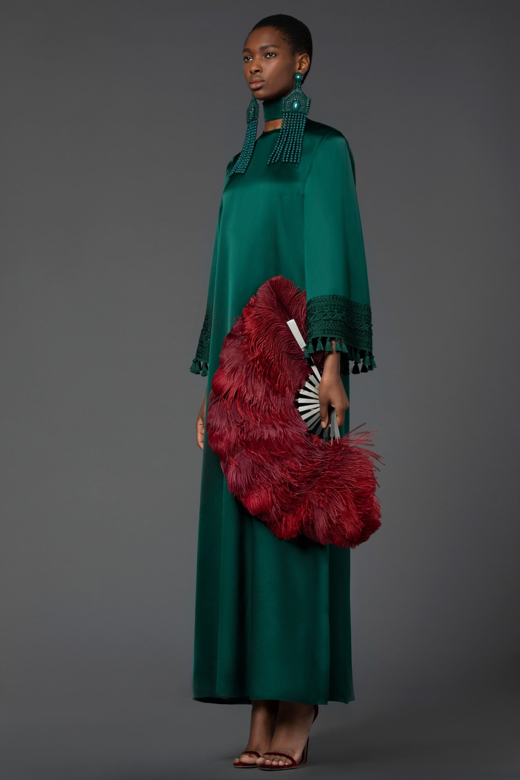 green silk long-sleeve dress