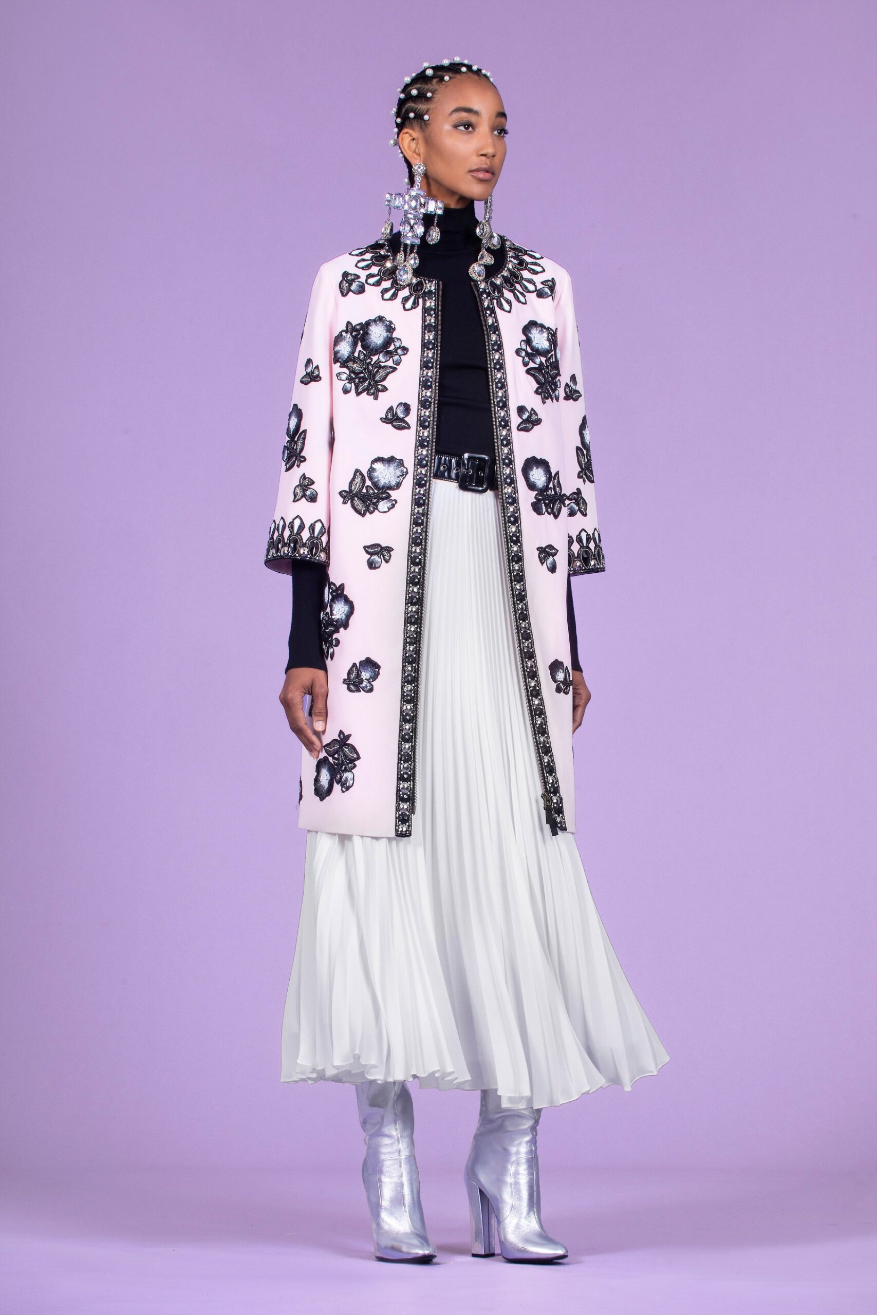 pink silk long-sleeve collared fitted embroidered coat