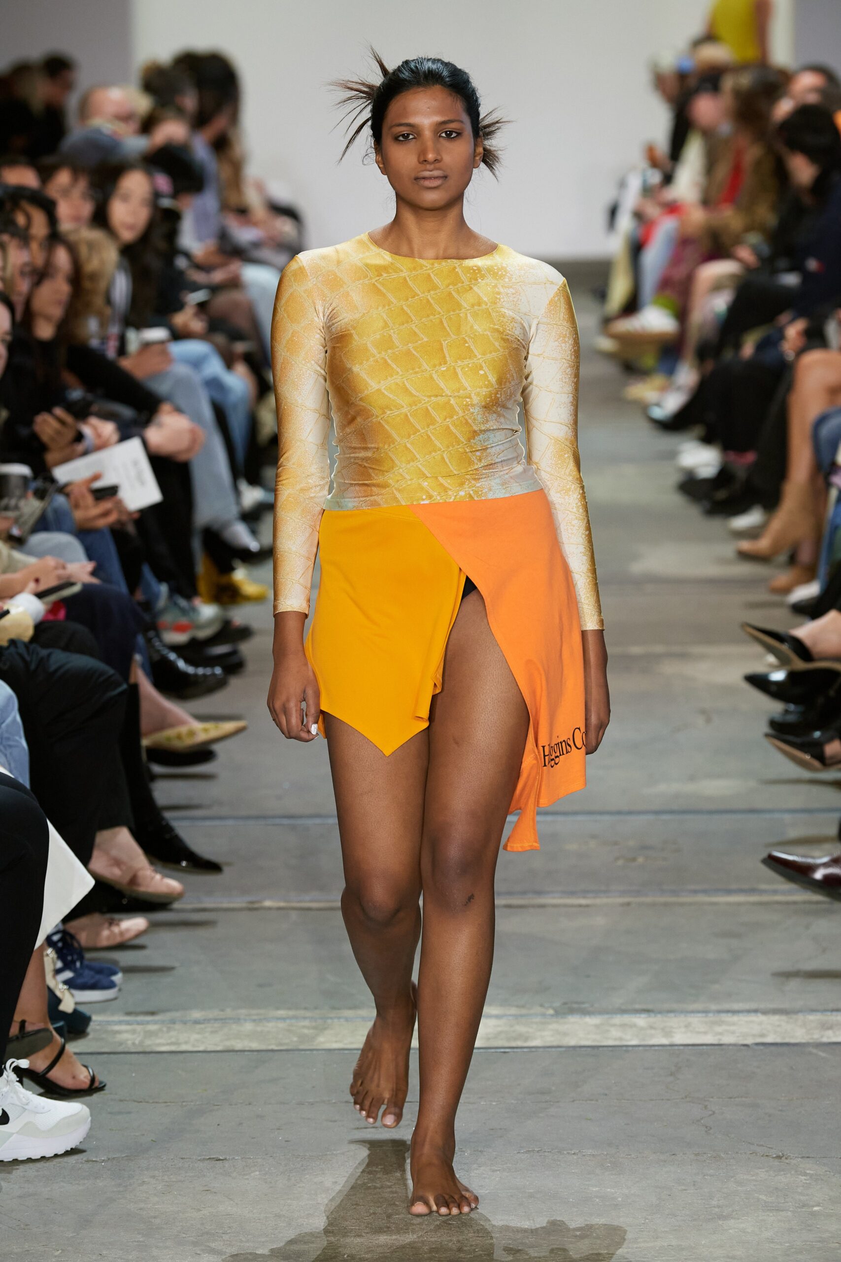 yellow cotton long-sleeve high-neck fitted draped top