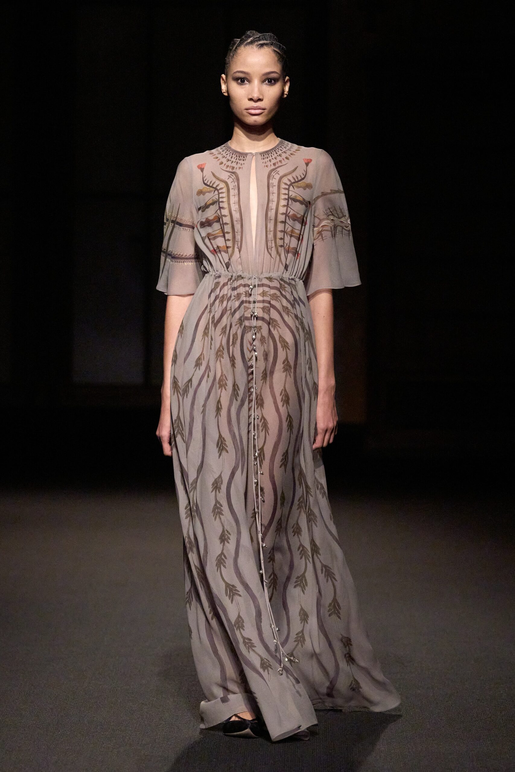beige silk embroidered gown