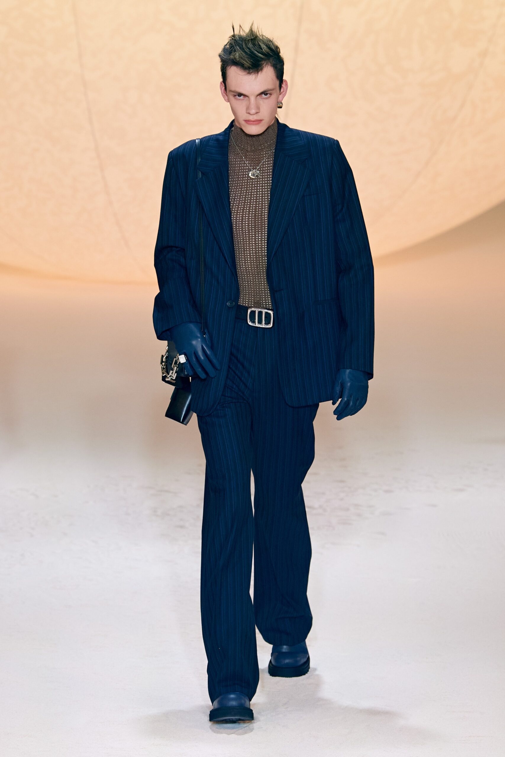 blue tailored suit with ribbed top