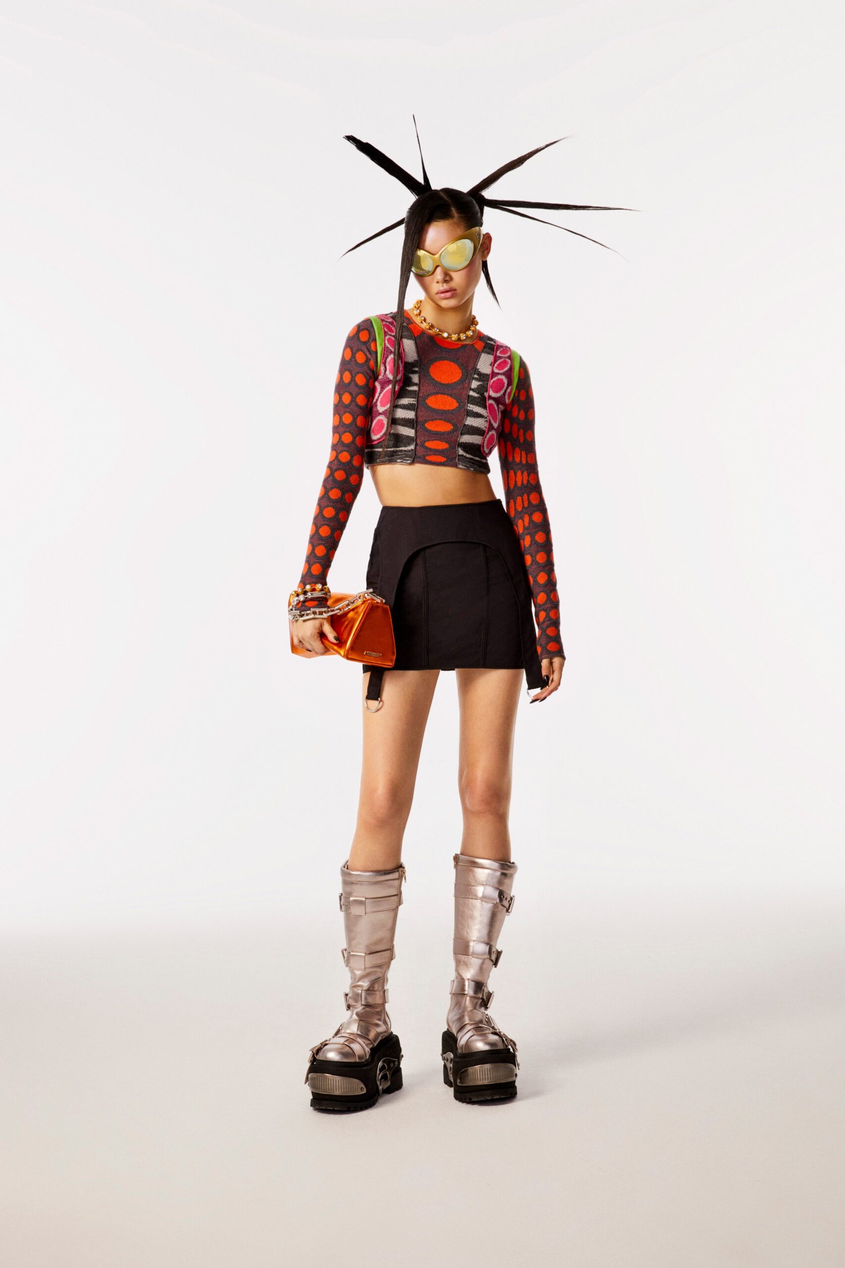 fitted red printed top with black skirt