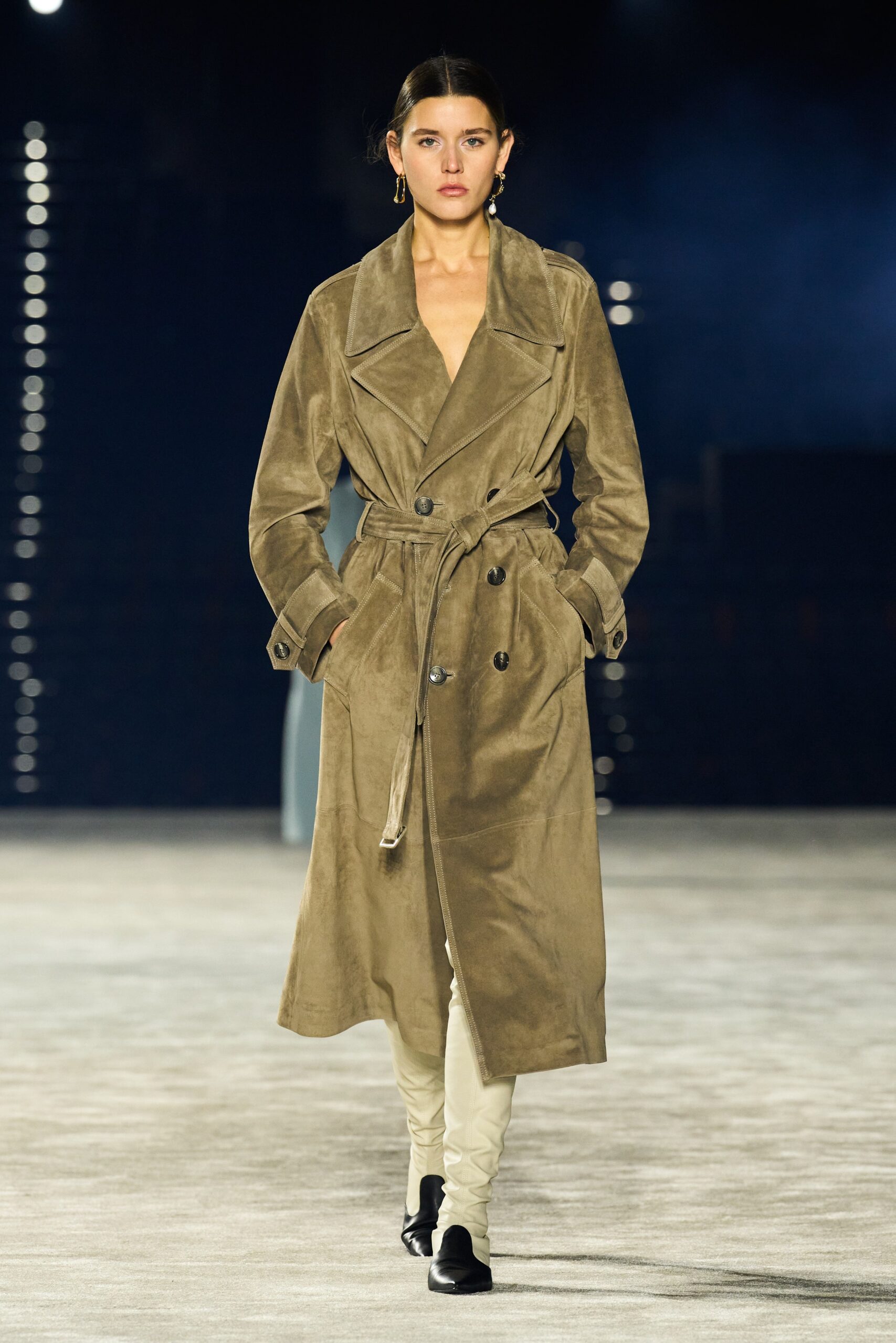 beige suede long-sleeve collared fitted belted trench