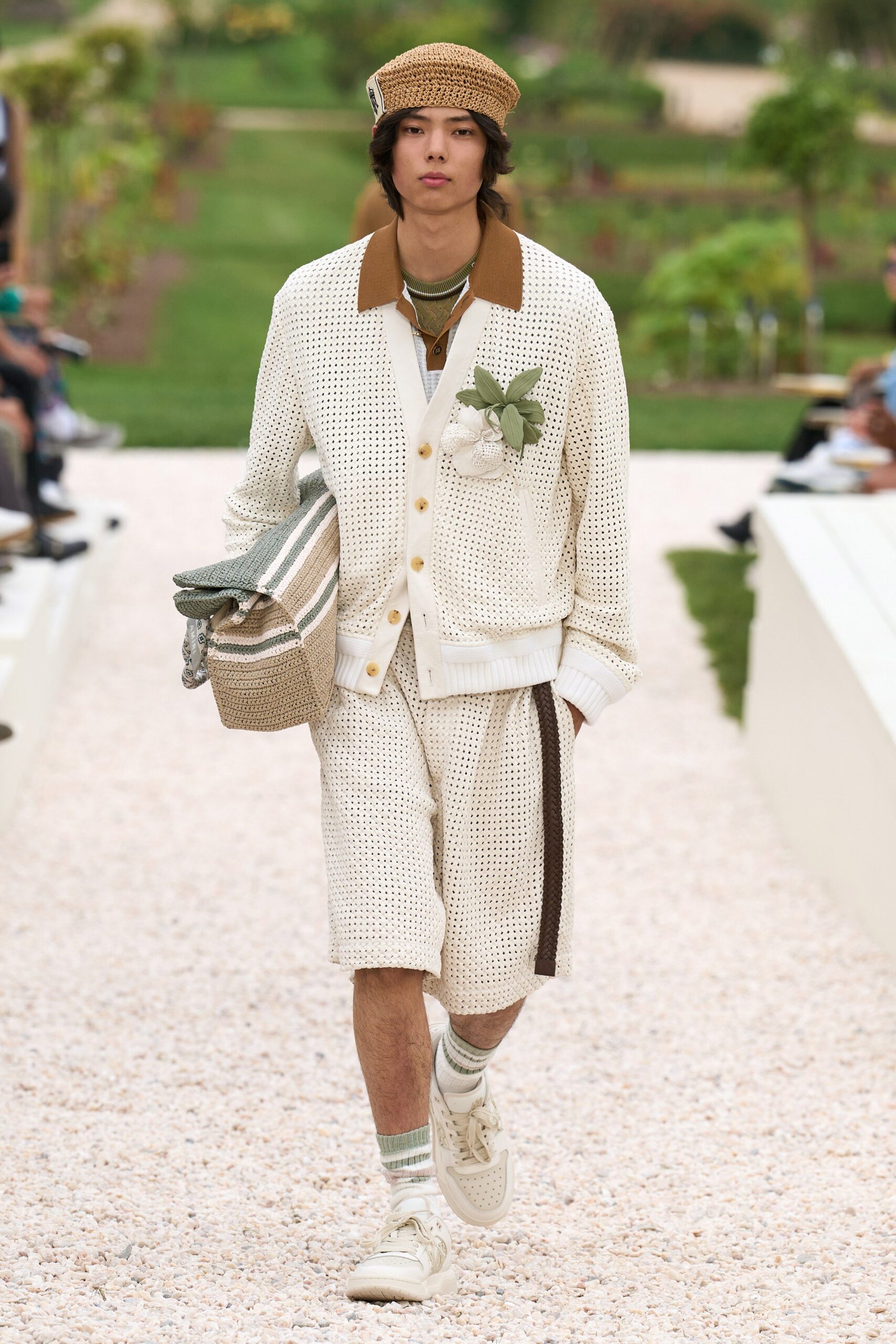 gray striped bag