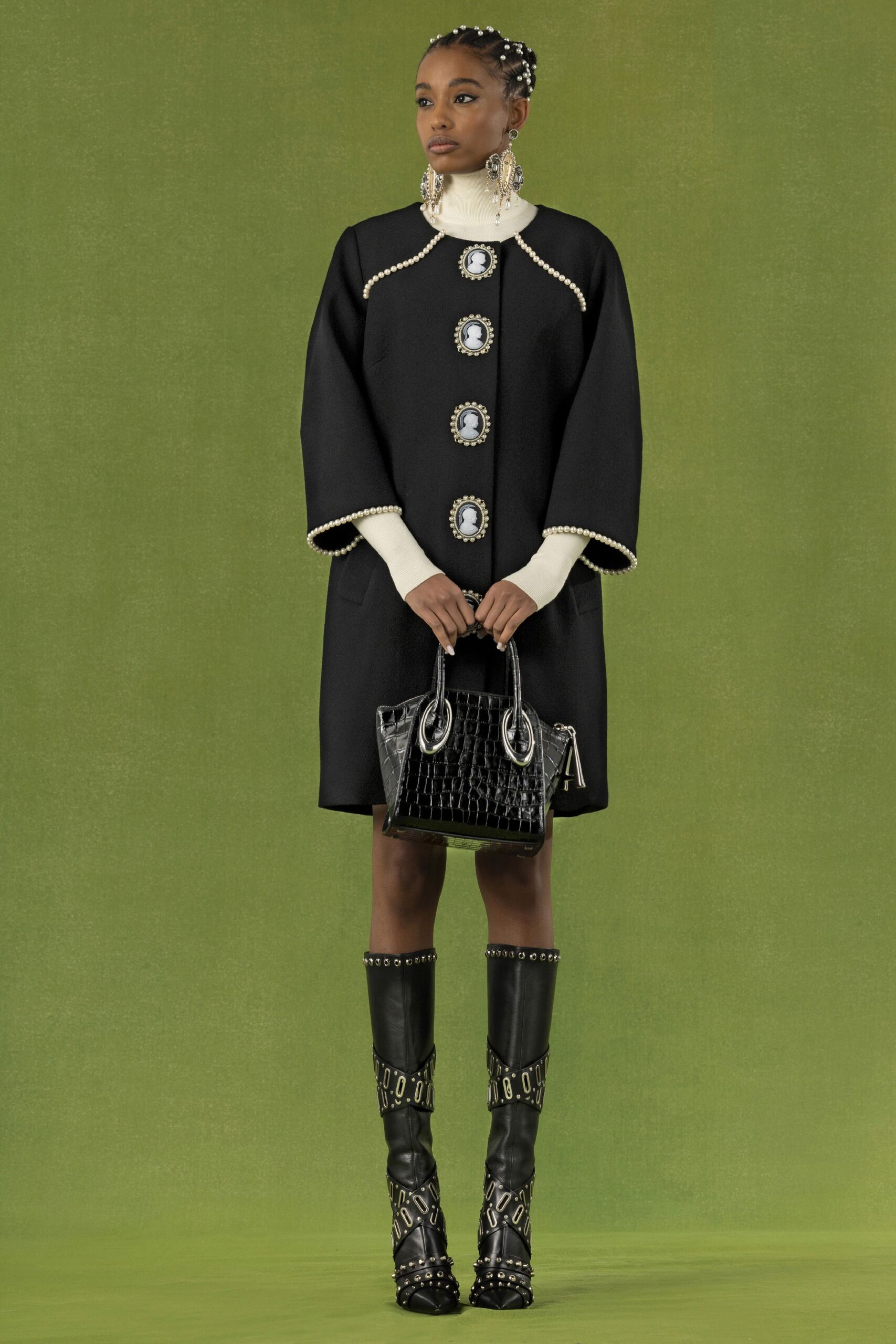 black wool long-sleeve collared relaxed buttoned mini dress