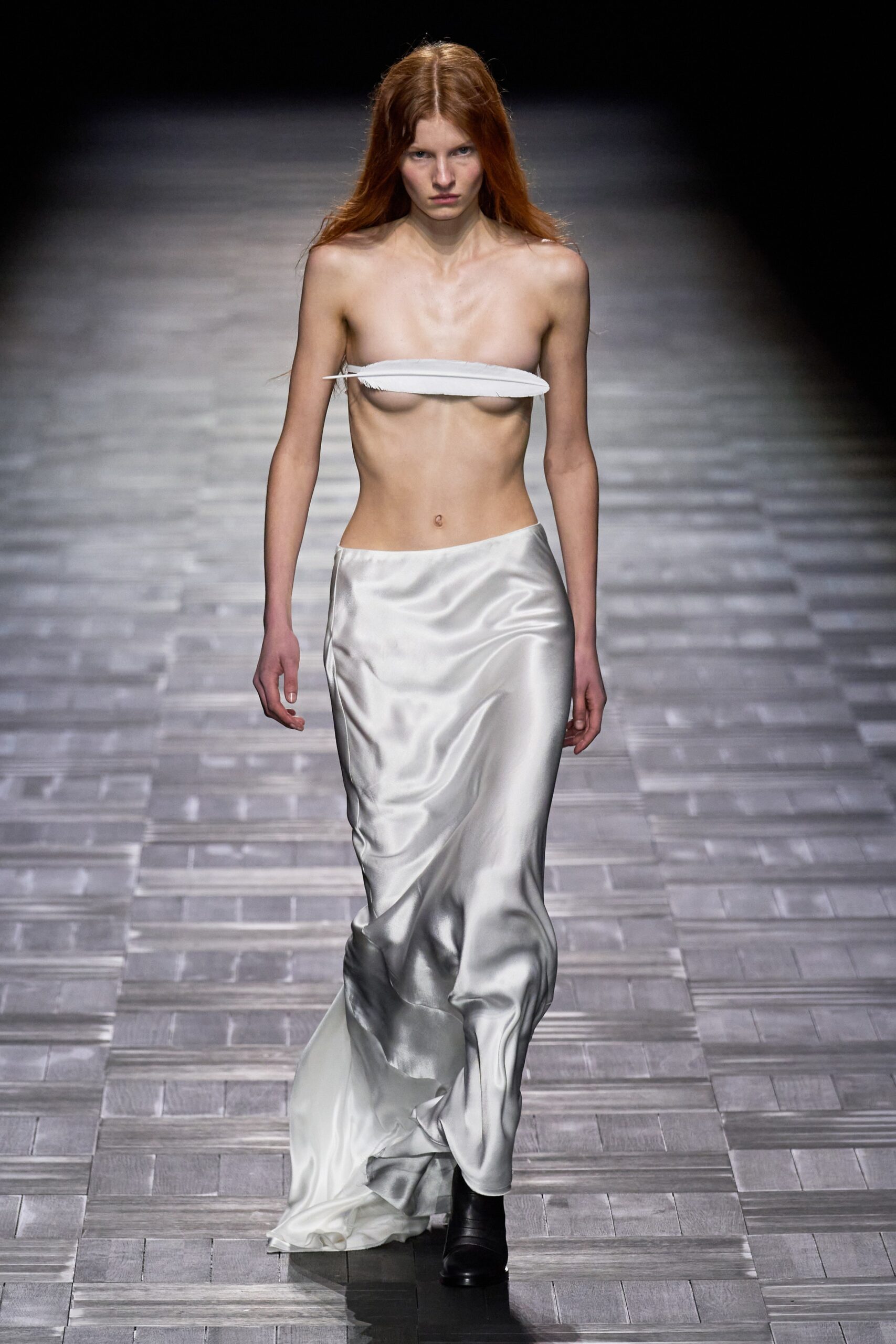 white silk fitted high-waisted straight-leg flowing maxi skirt