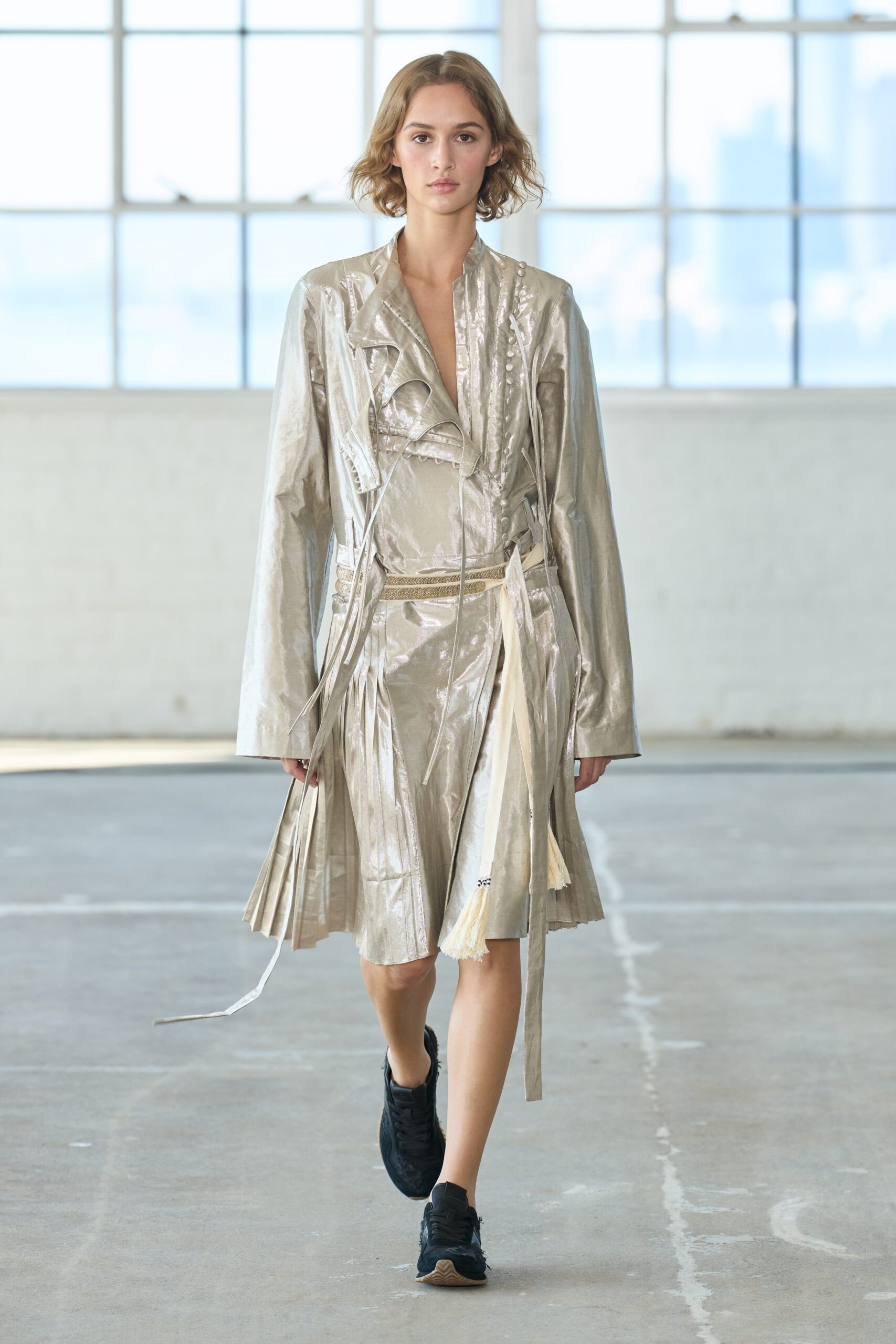 gold silk long-sleeve v-neck fitted pleated belted dress