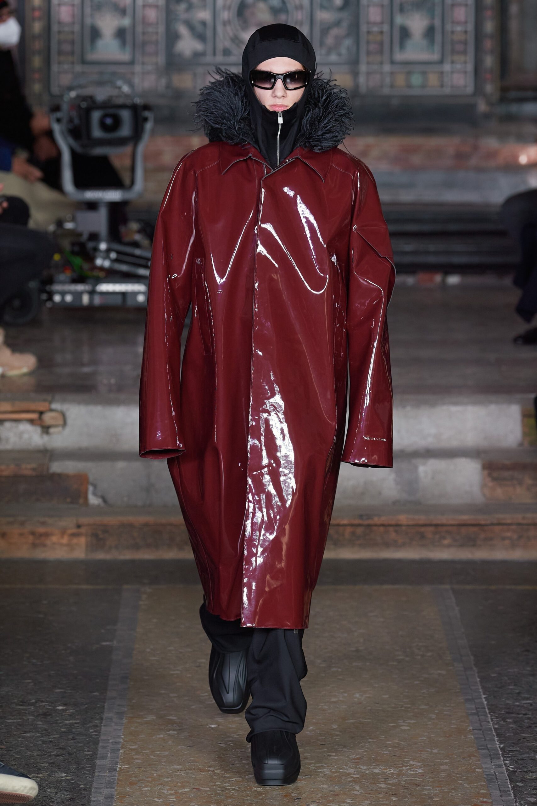 red vinyl long-sleeve collared oversized zippered shiny coat