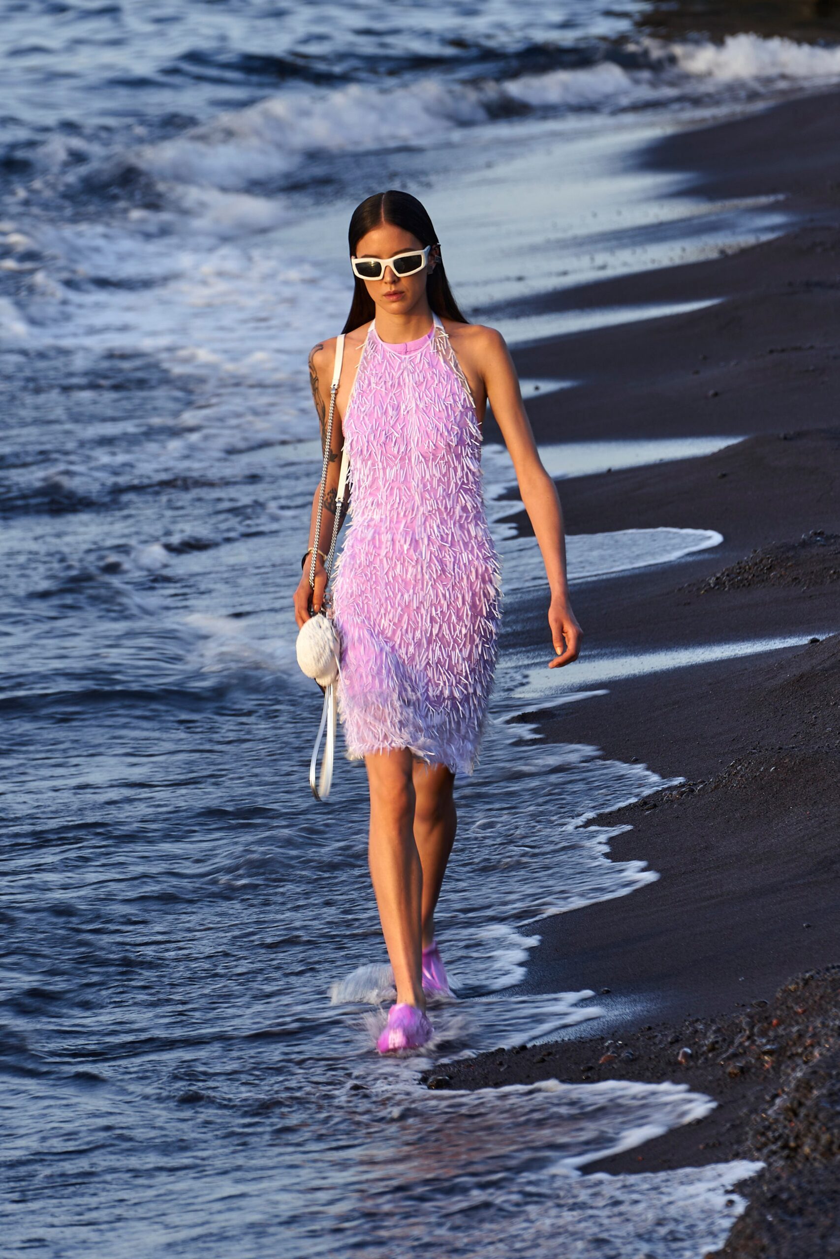 purple fringed halter dress