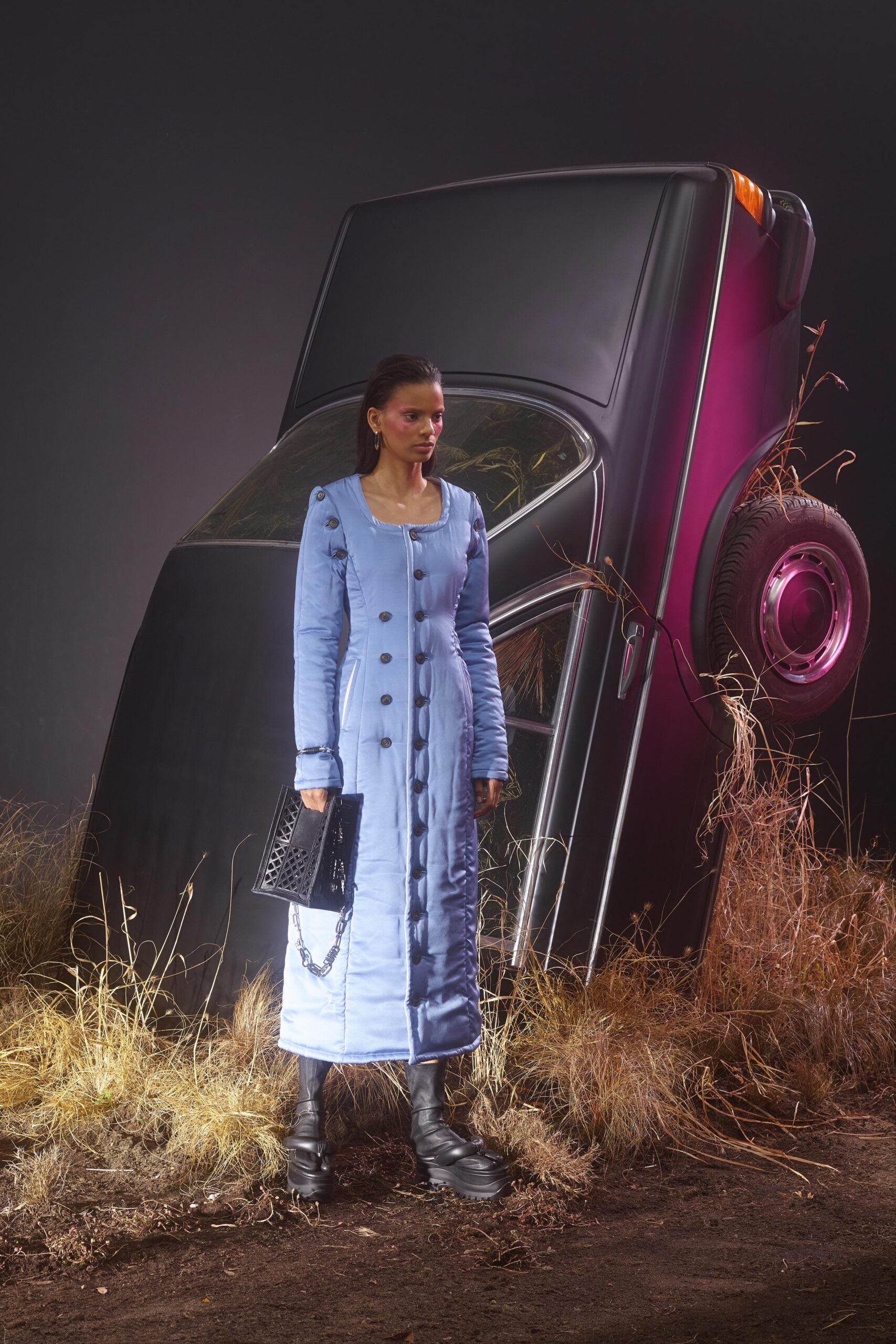 blue cotton long-sleeve collared fitted buttoned straight-leg dress