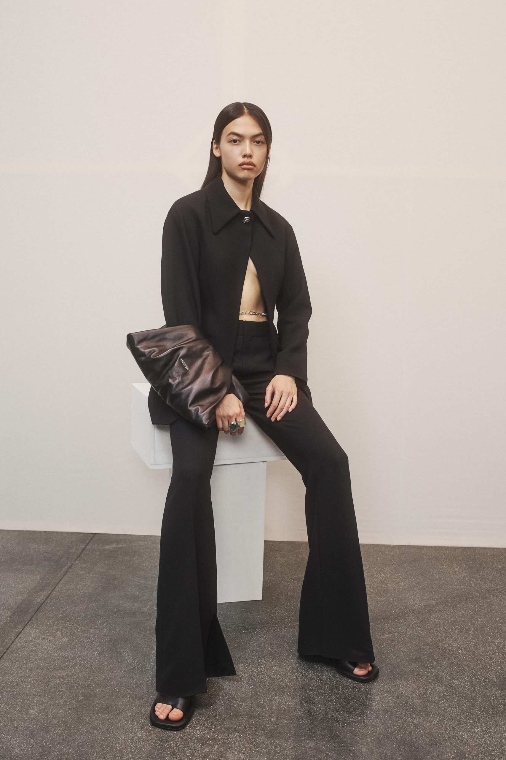 black blazer with flared pants