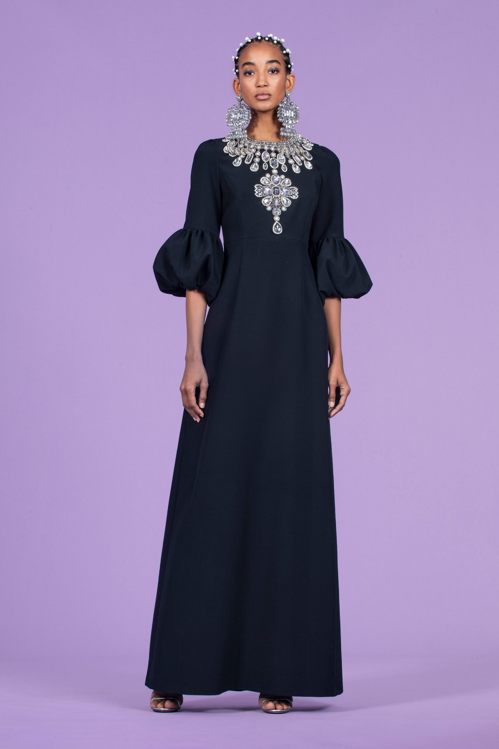 black silk embellished gown