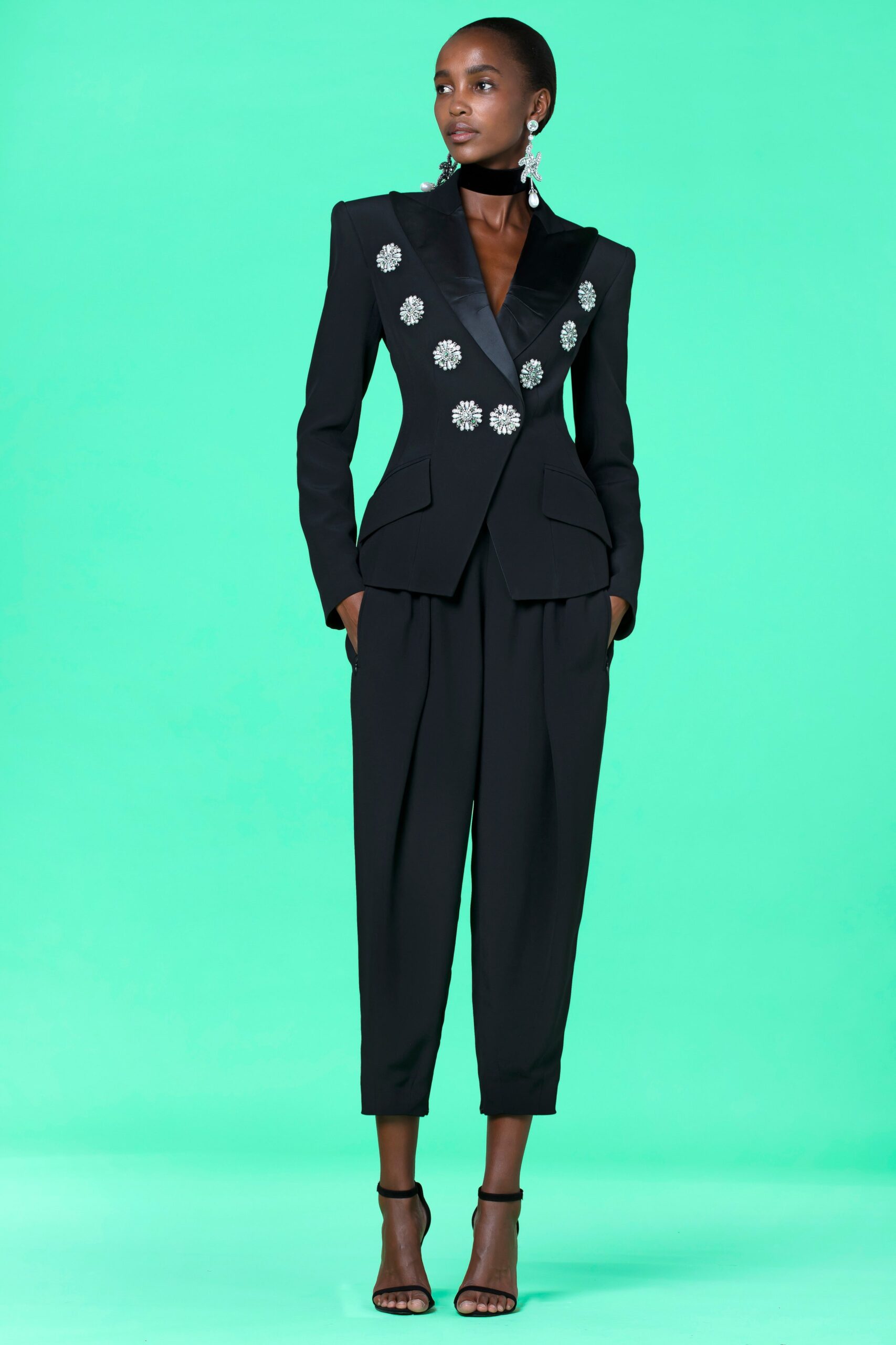 black tailored suit with embellished details