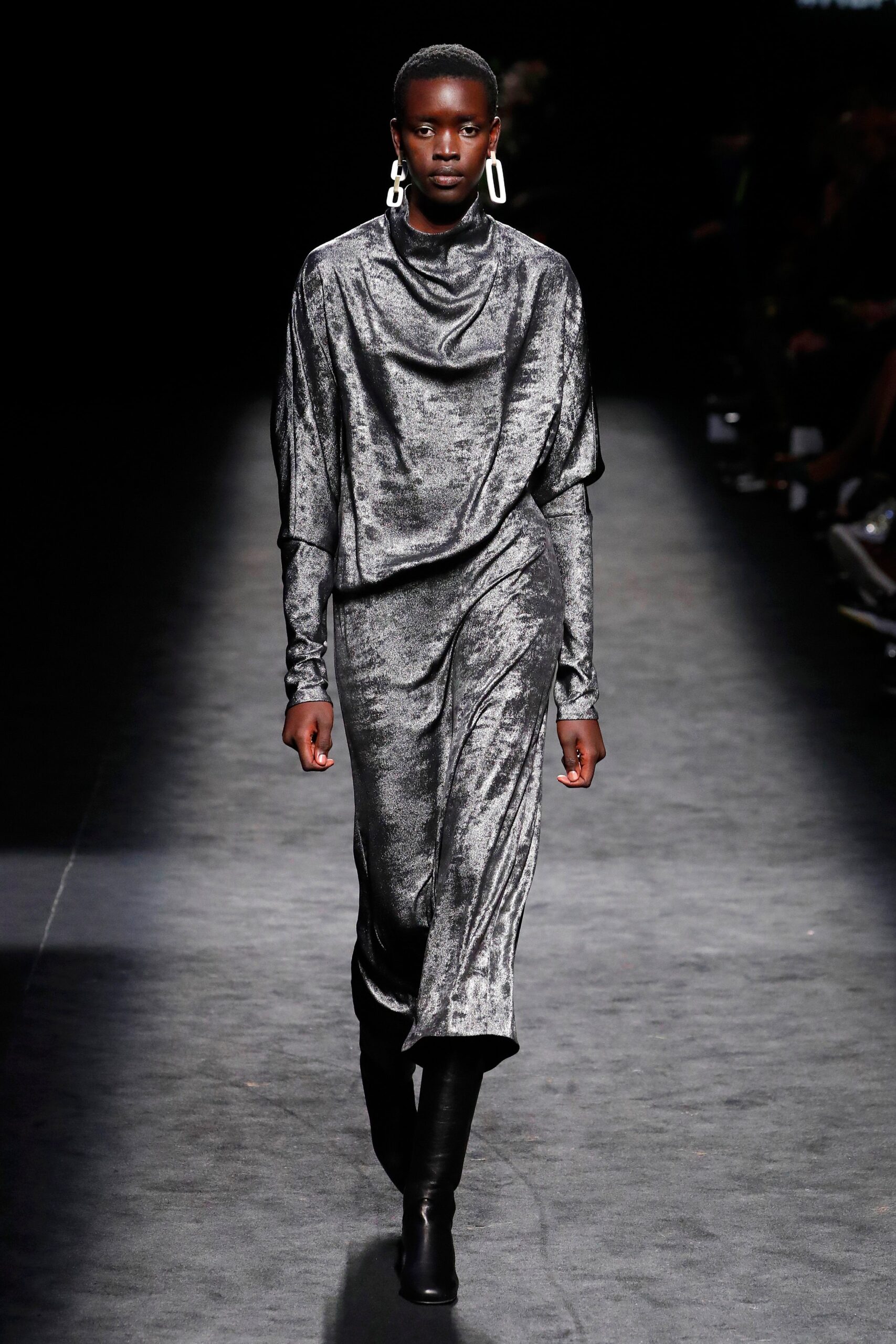 gray velvet long-sleeve dress