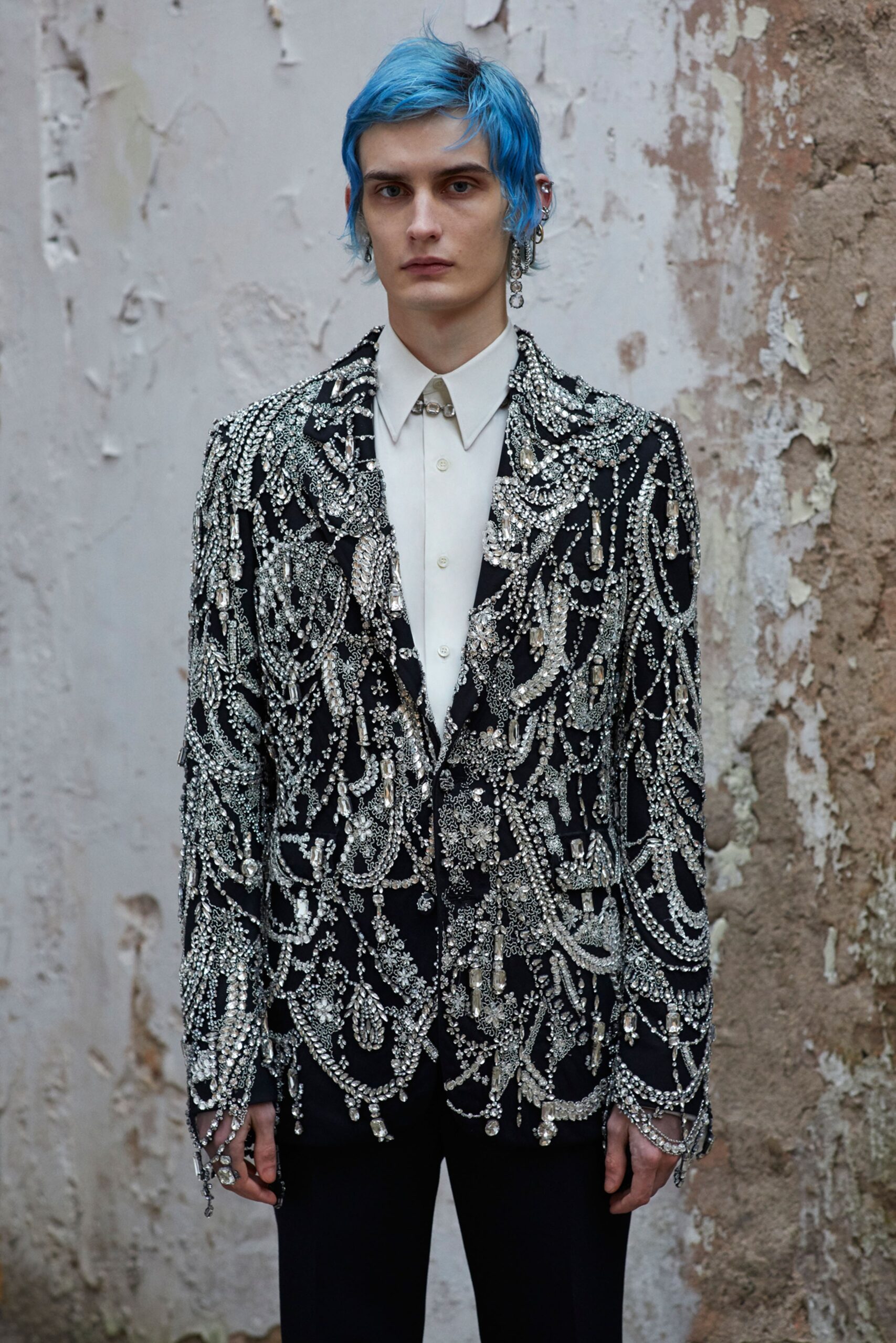 black beaded blazer with white shirt