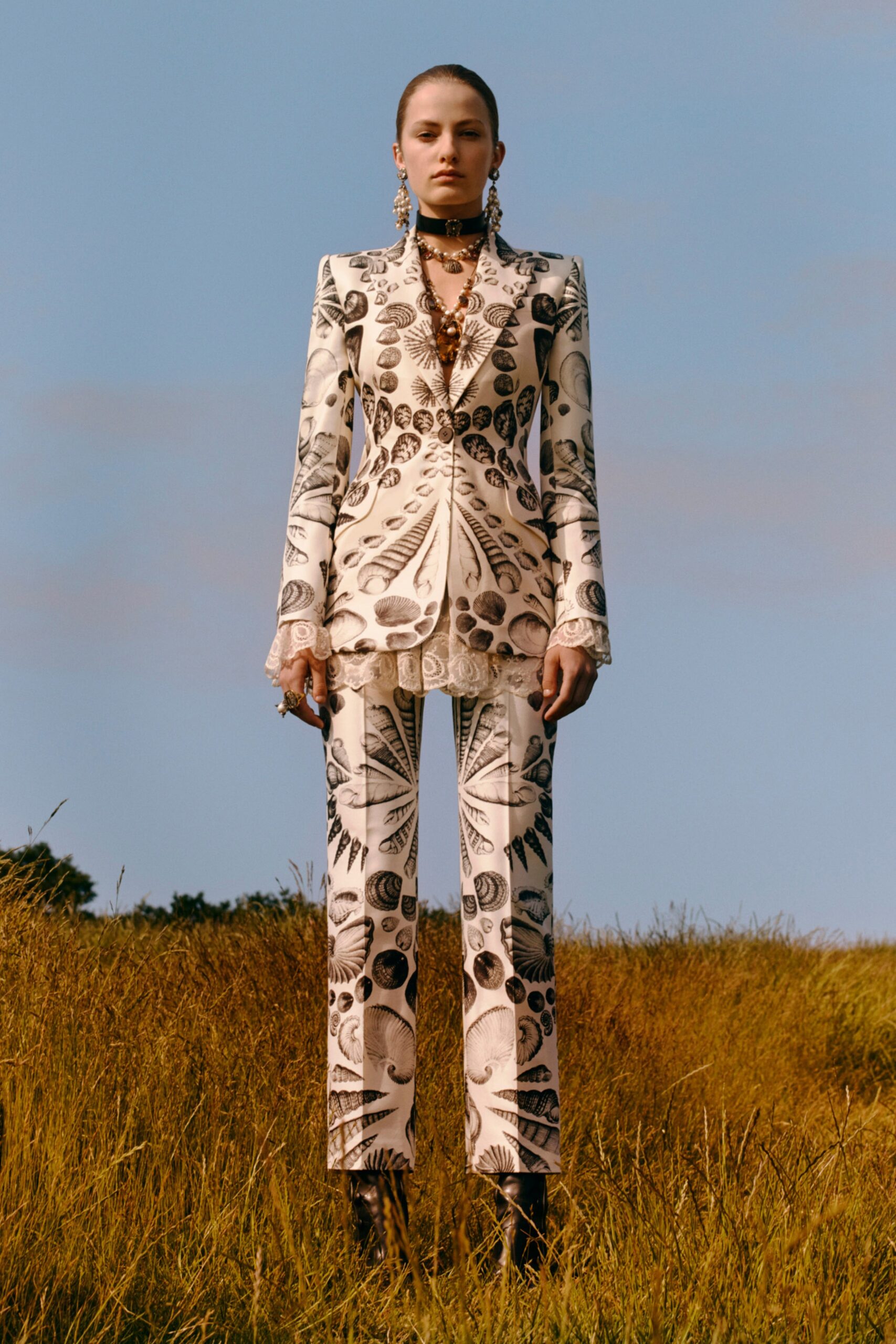 white silk long-sleeve collared tailored printed suit