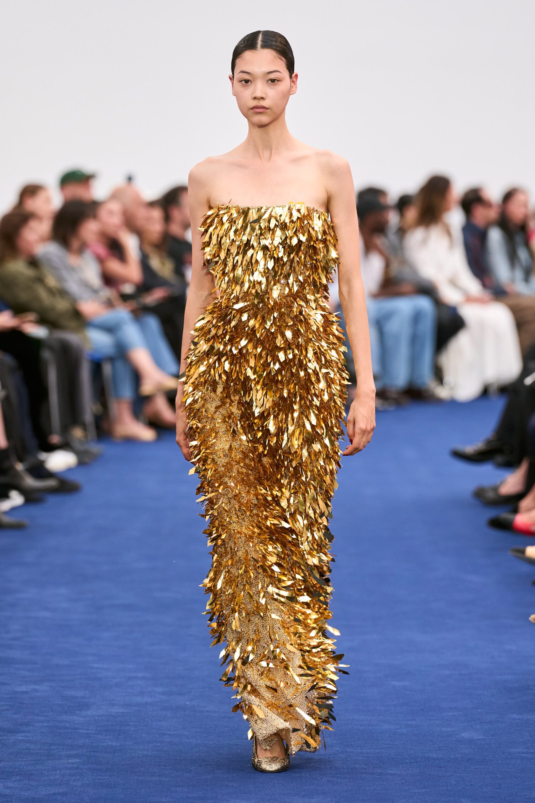 gold embellished strapless gown