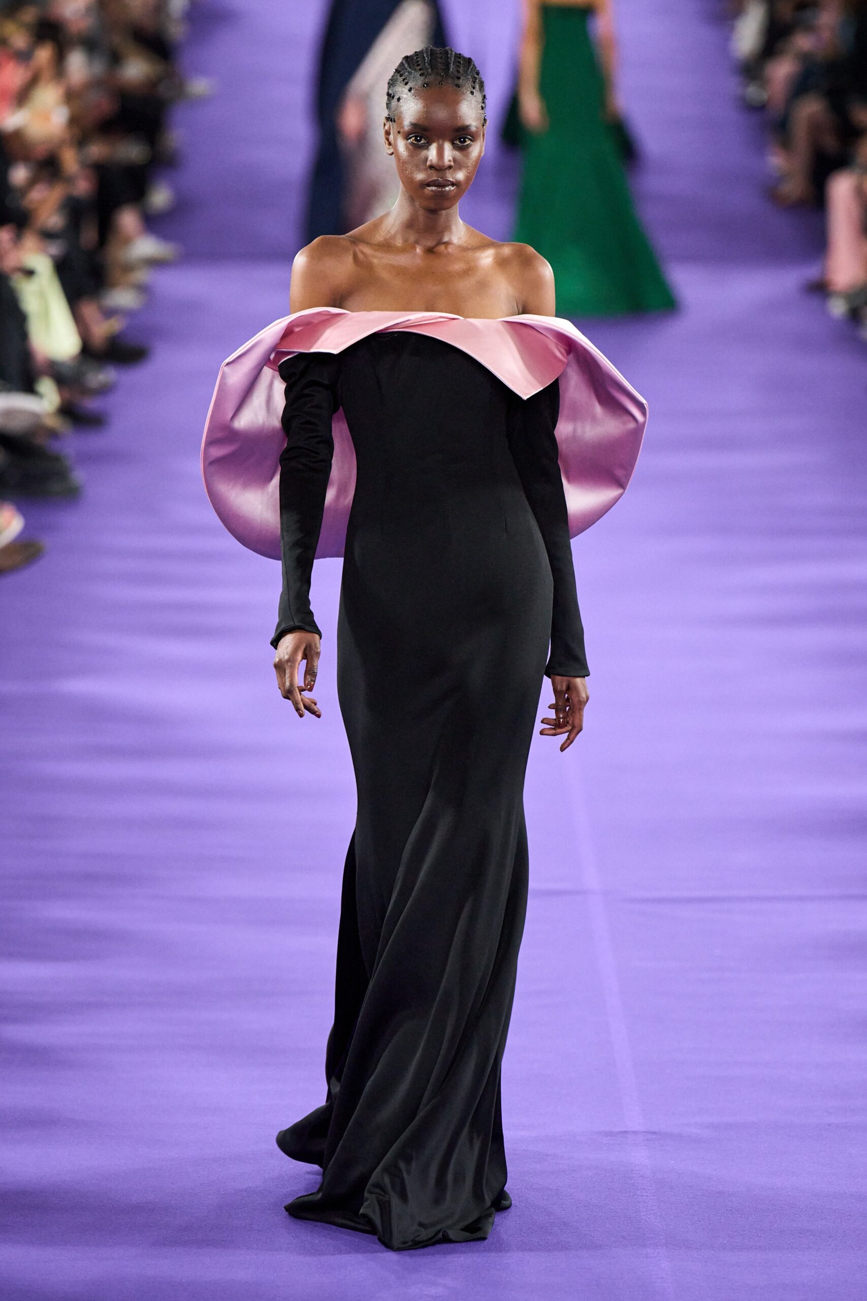 black silk off-shoulder gown