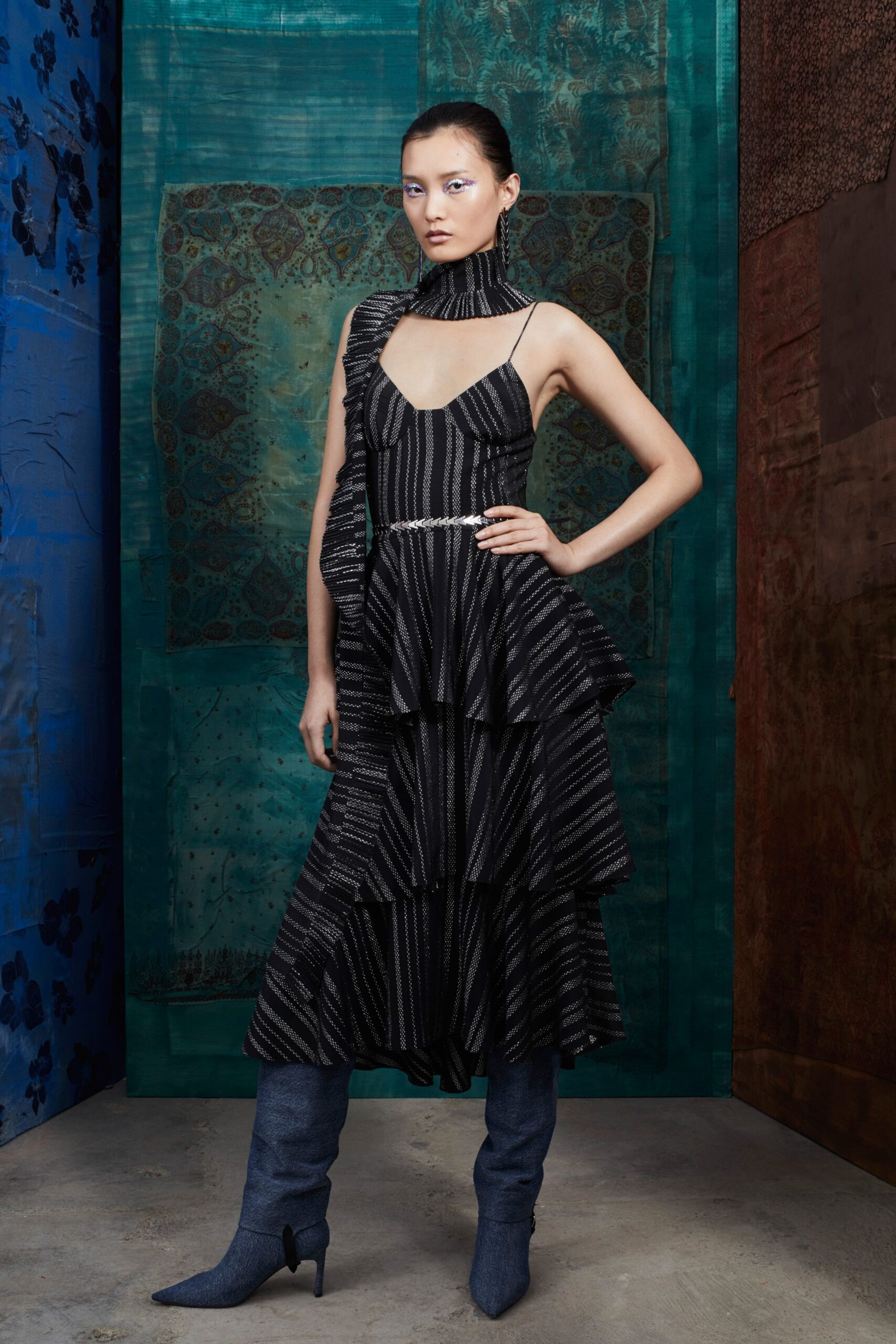 black silk tiered dress with blue boots