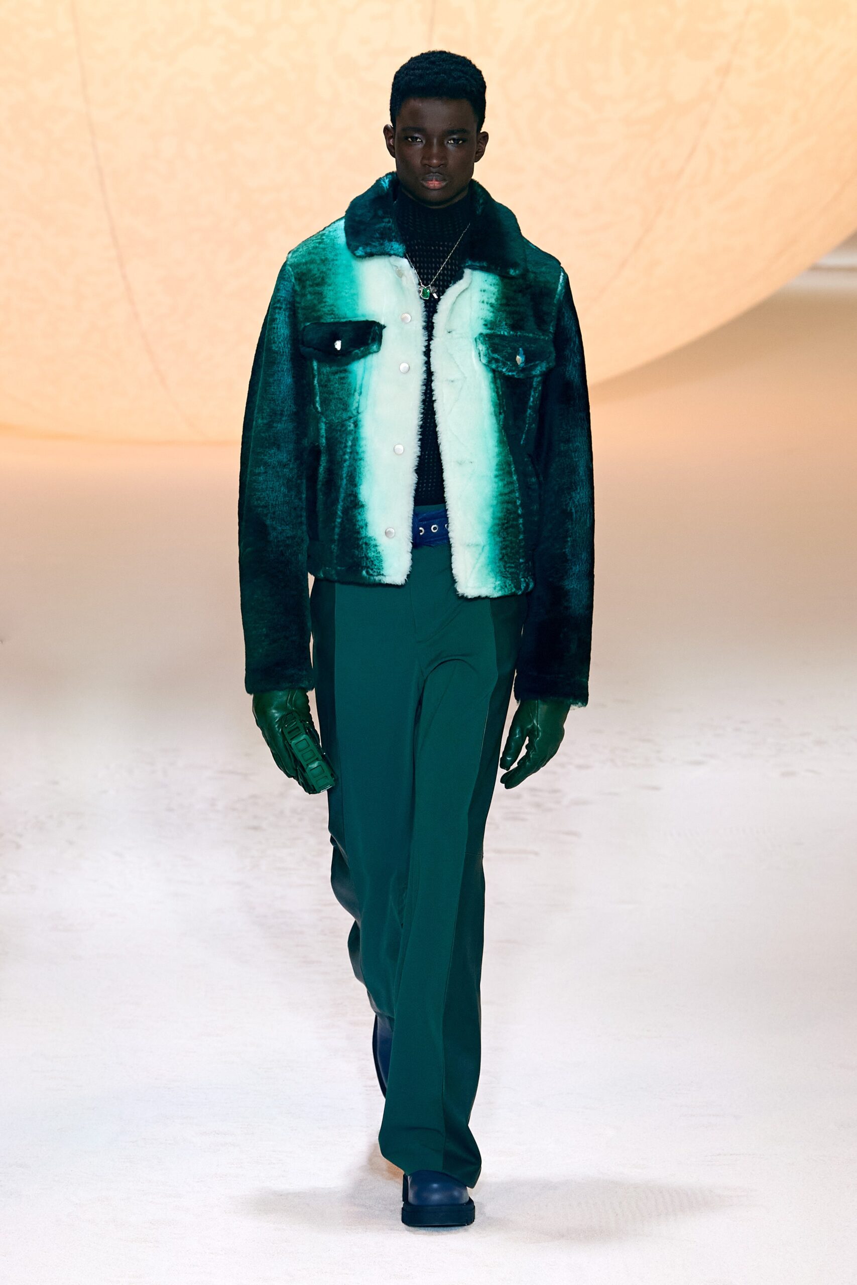green faux-fur jacket with pants