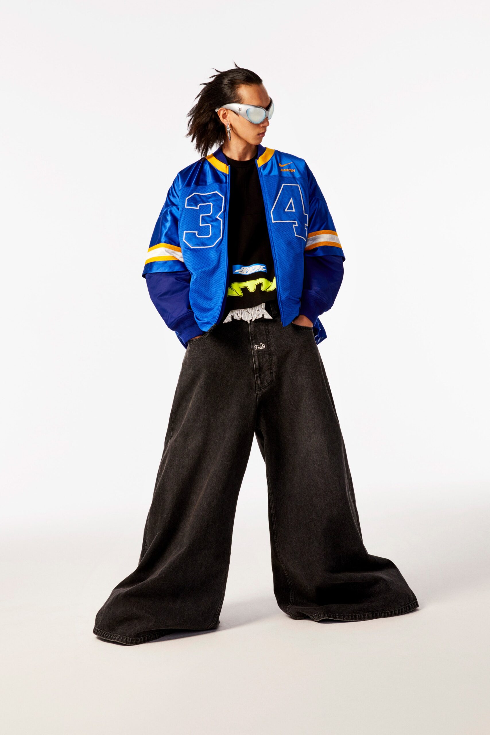 oversized blue jacket with relaxed t-shirt and wide-leg pants