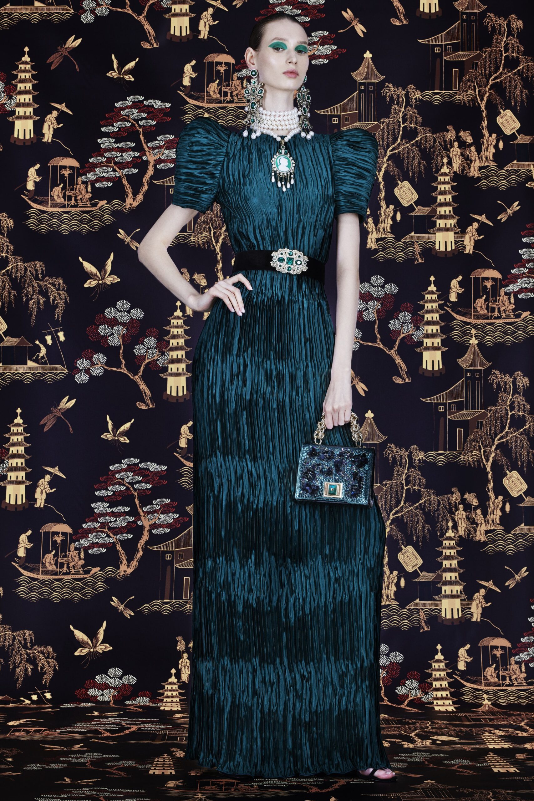 teal pleated silk gown