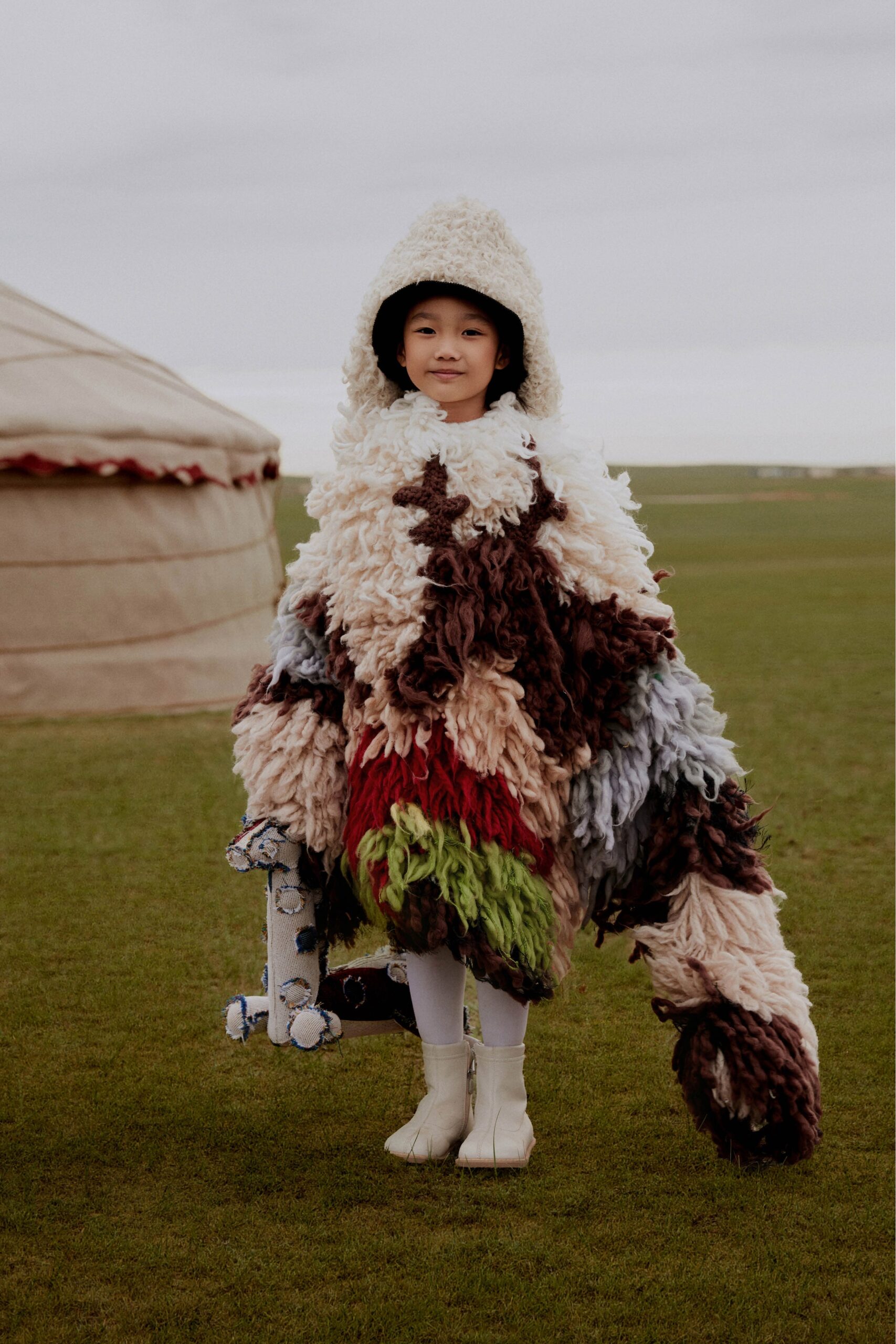 multi wool hooded oversized layered poncho