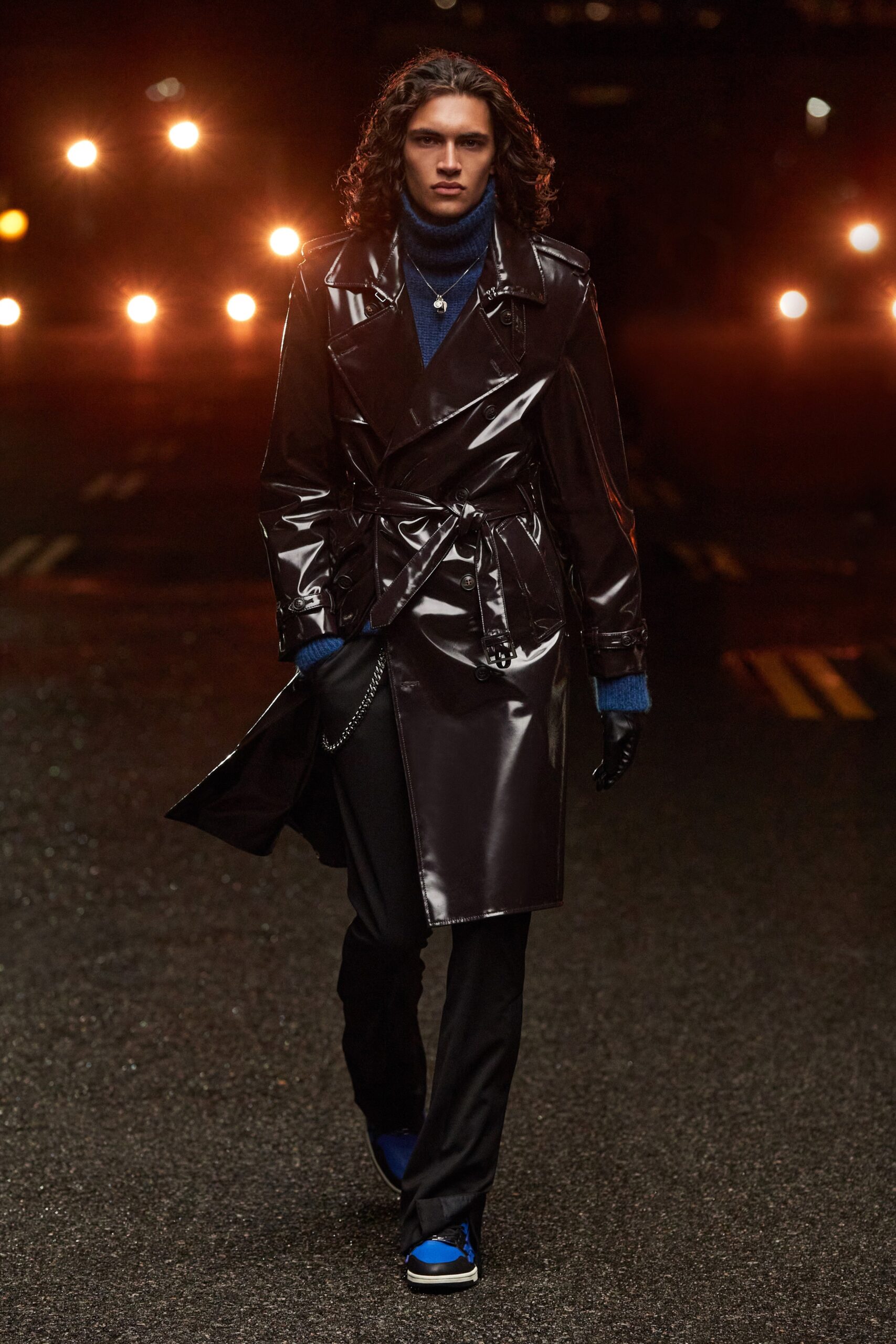 black vinyl long-sleeve collared fitted belted shiny trench