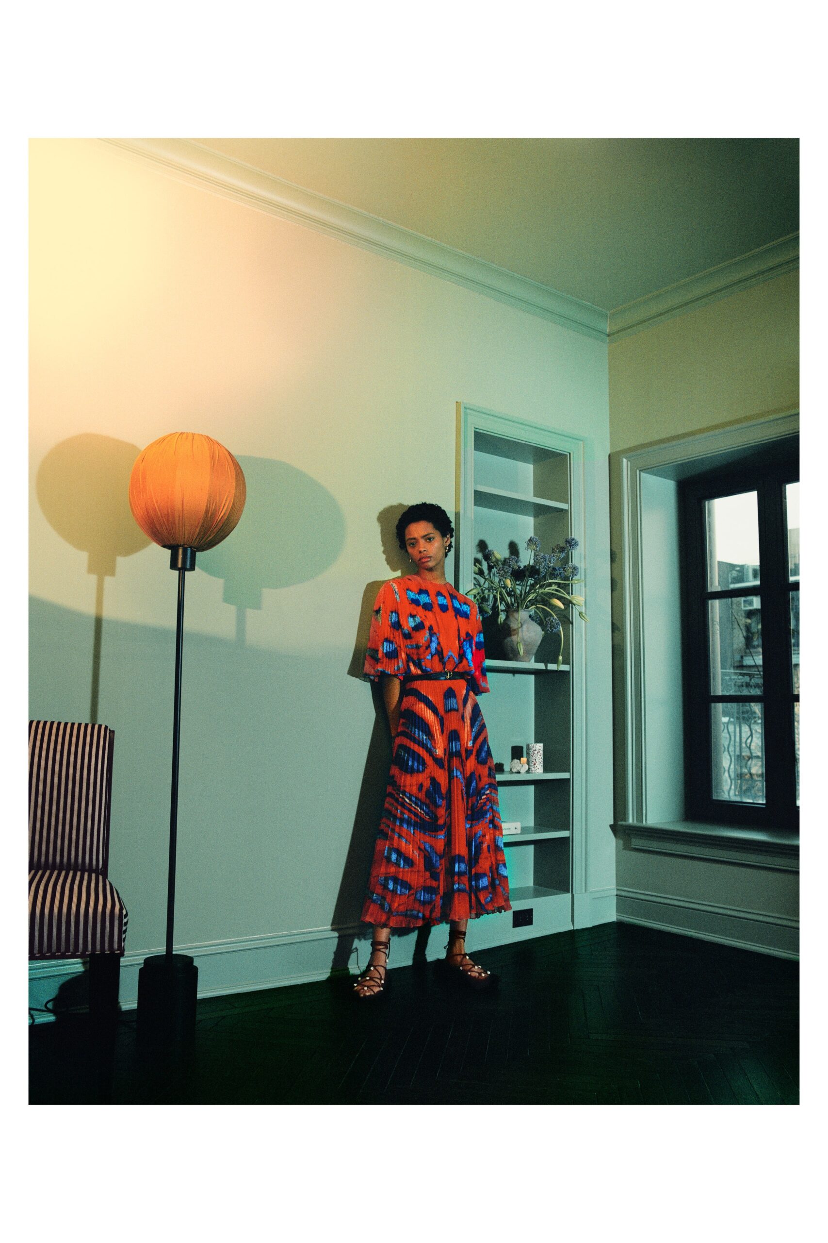 red and blue printed midi dress