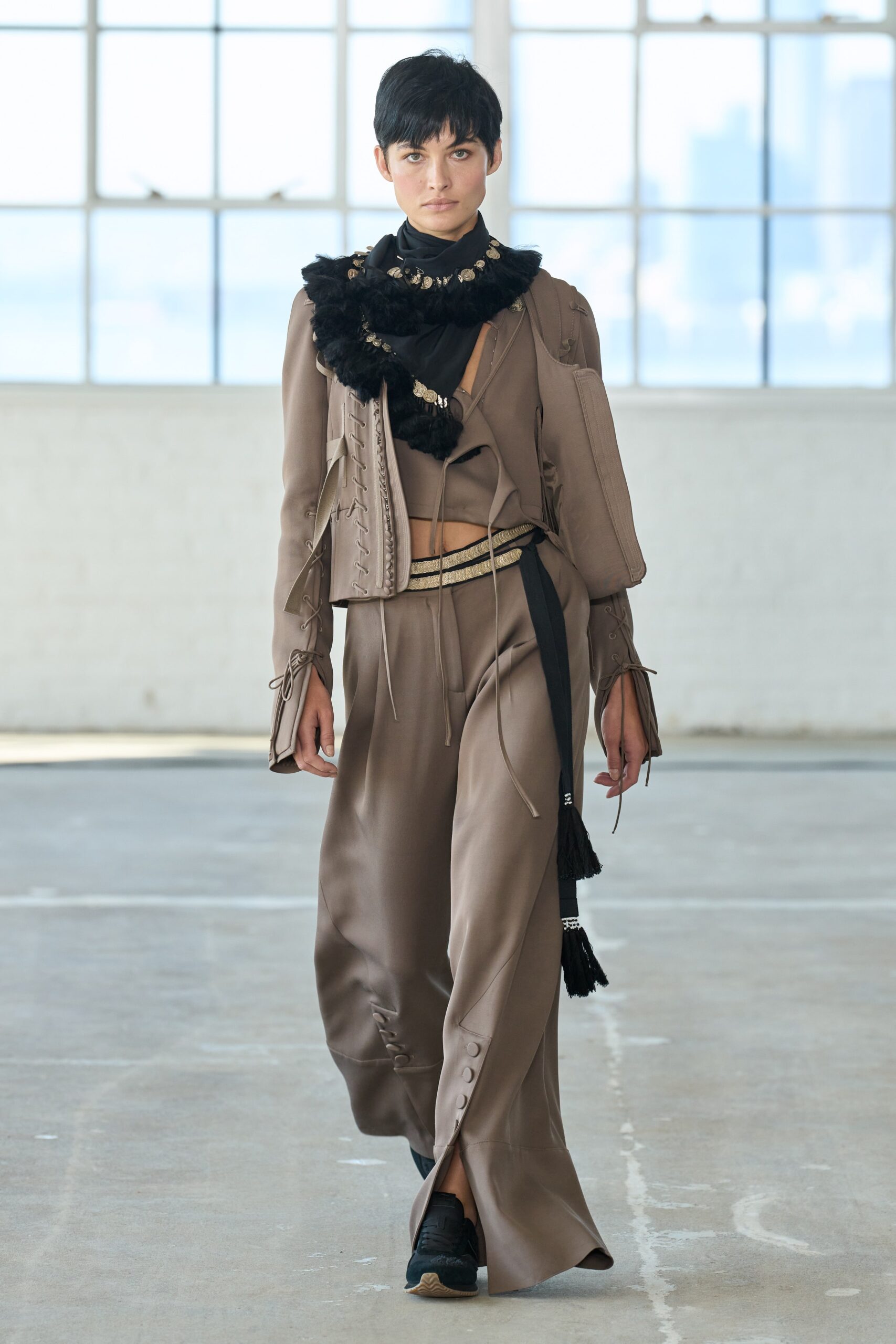 beige silk long-sleeve collared fitted zippered fringed jacket