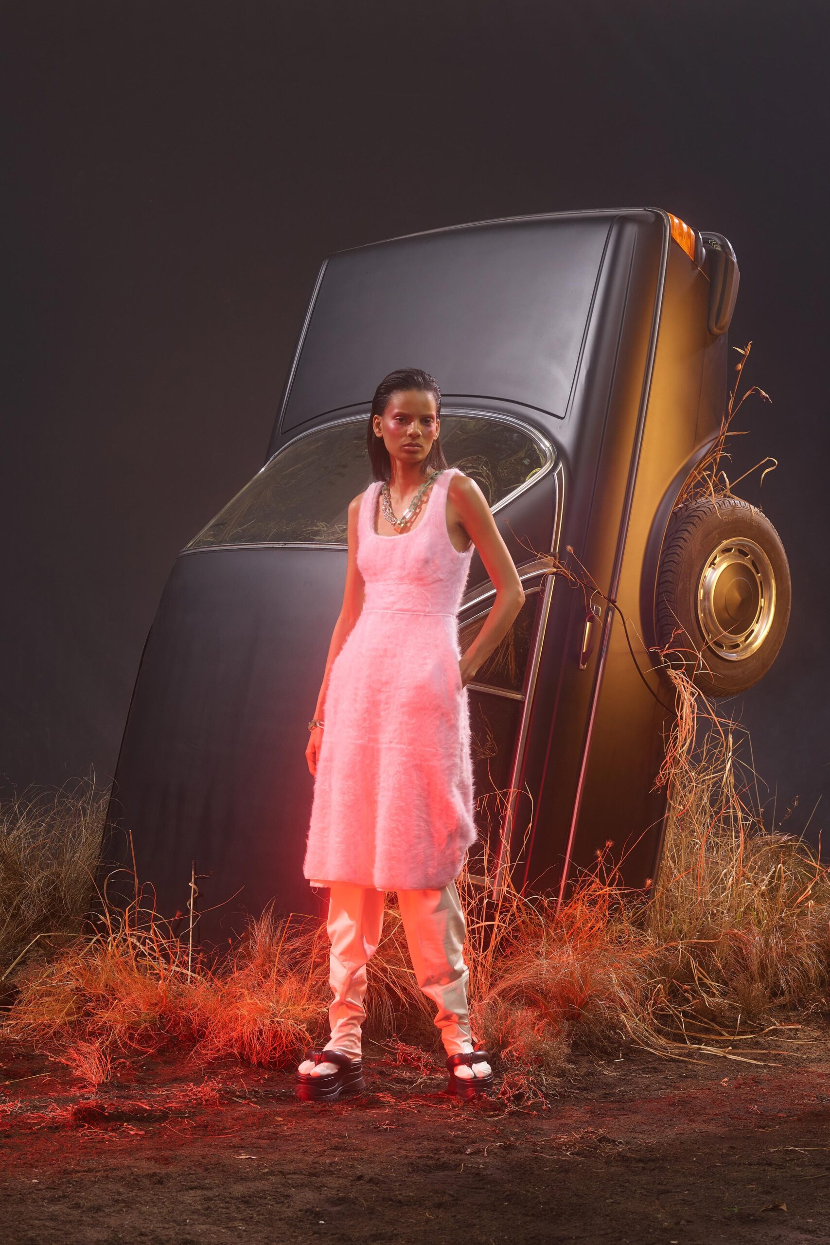 pink wool sleeveless v-neck fitted a-line midi dress