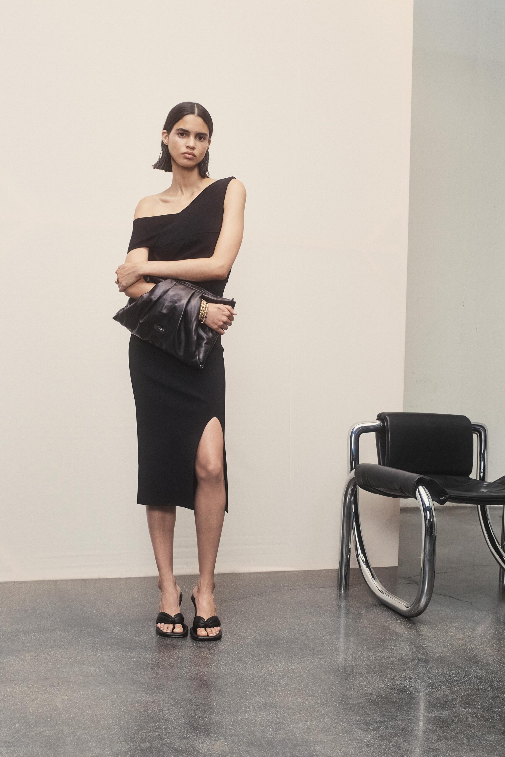 black fitted off-shoulder dress
