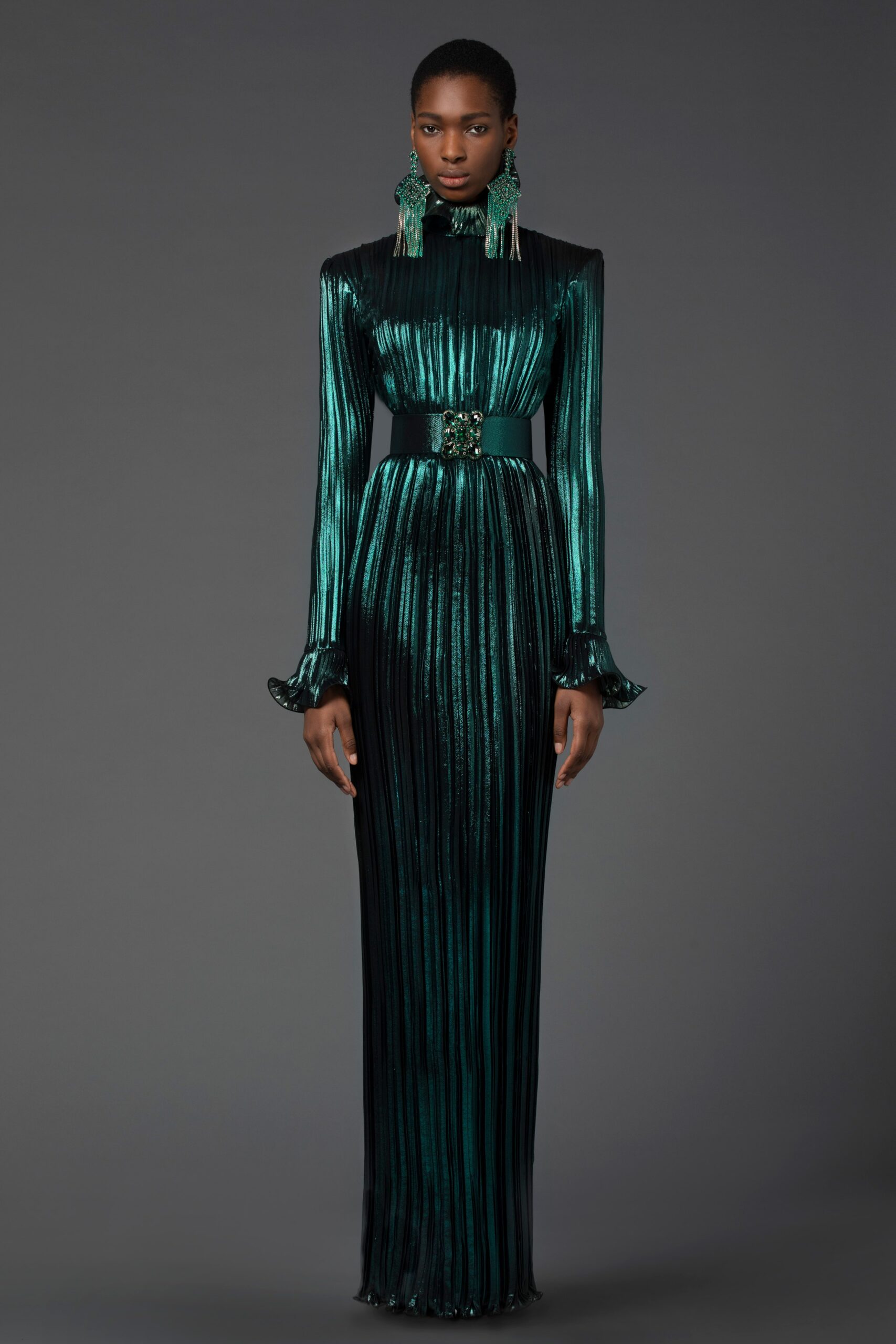 green silk pleated gown