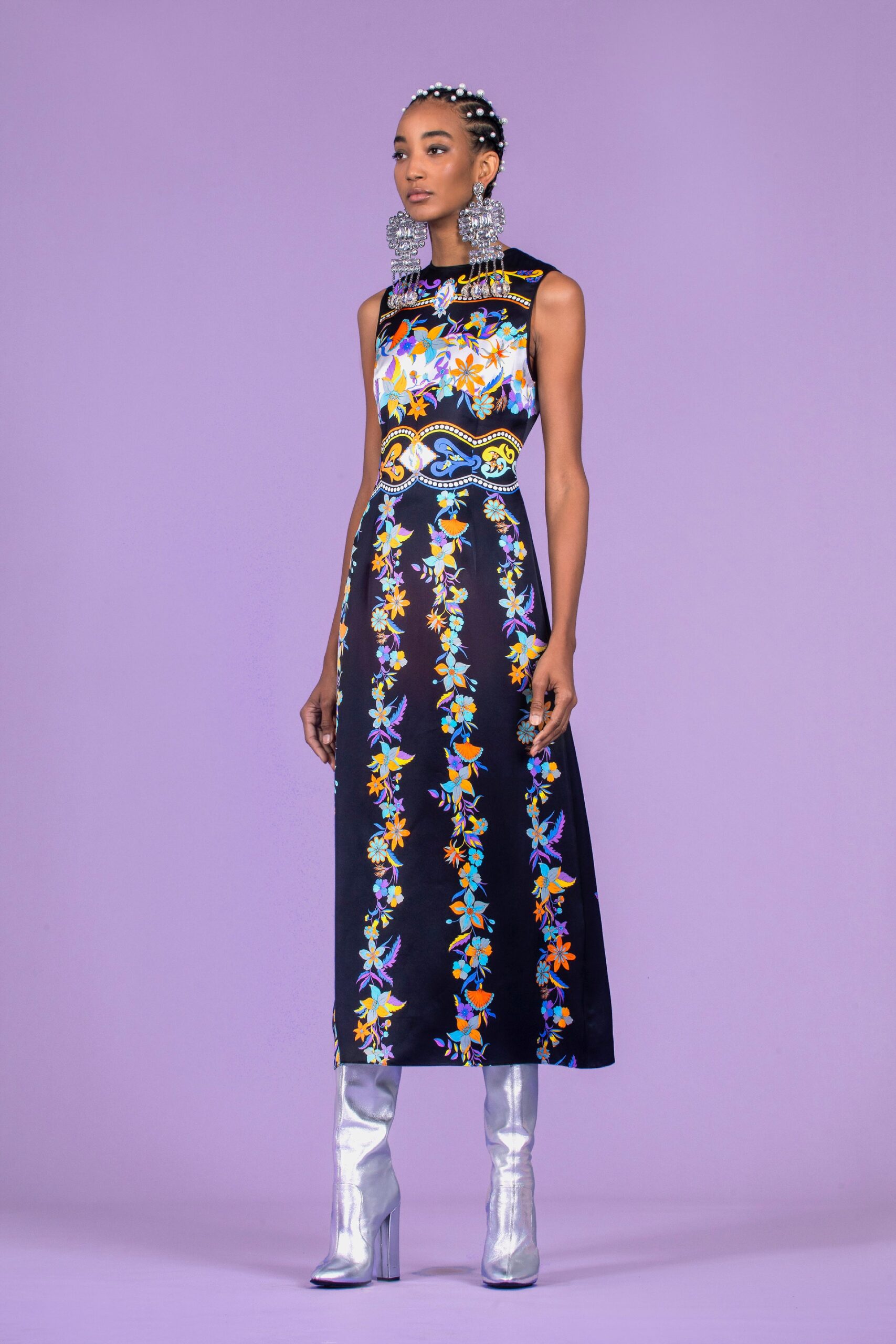 black embroidered midi dress with silver boots