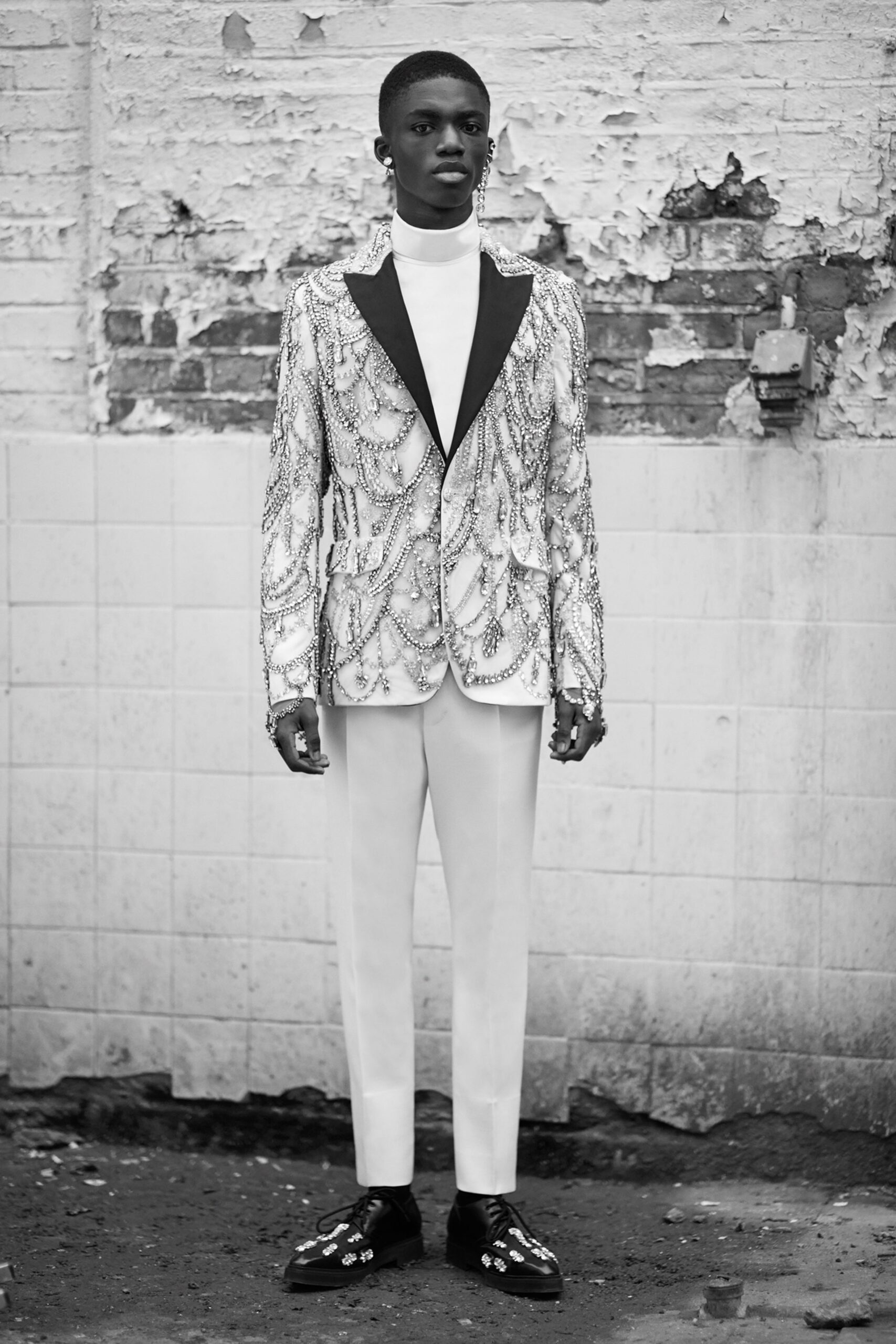 embroidered black and white blazer