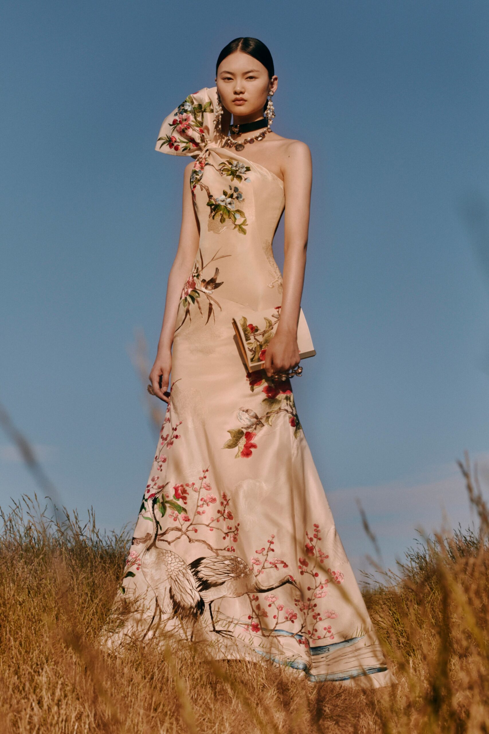 beige silk strapless gown