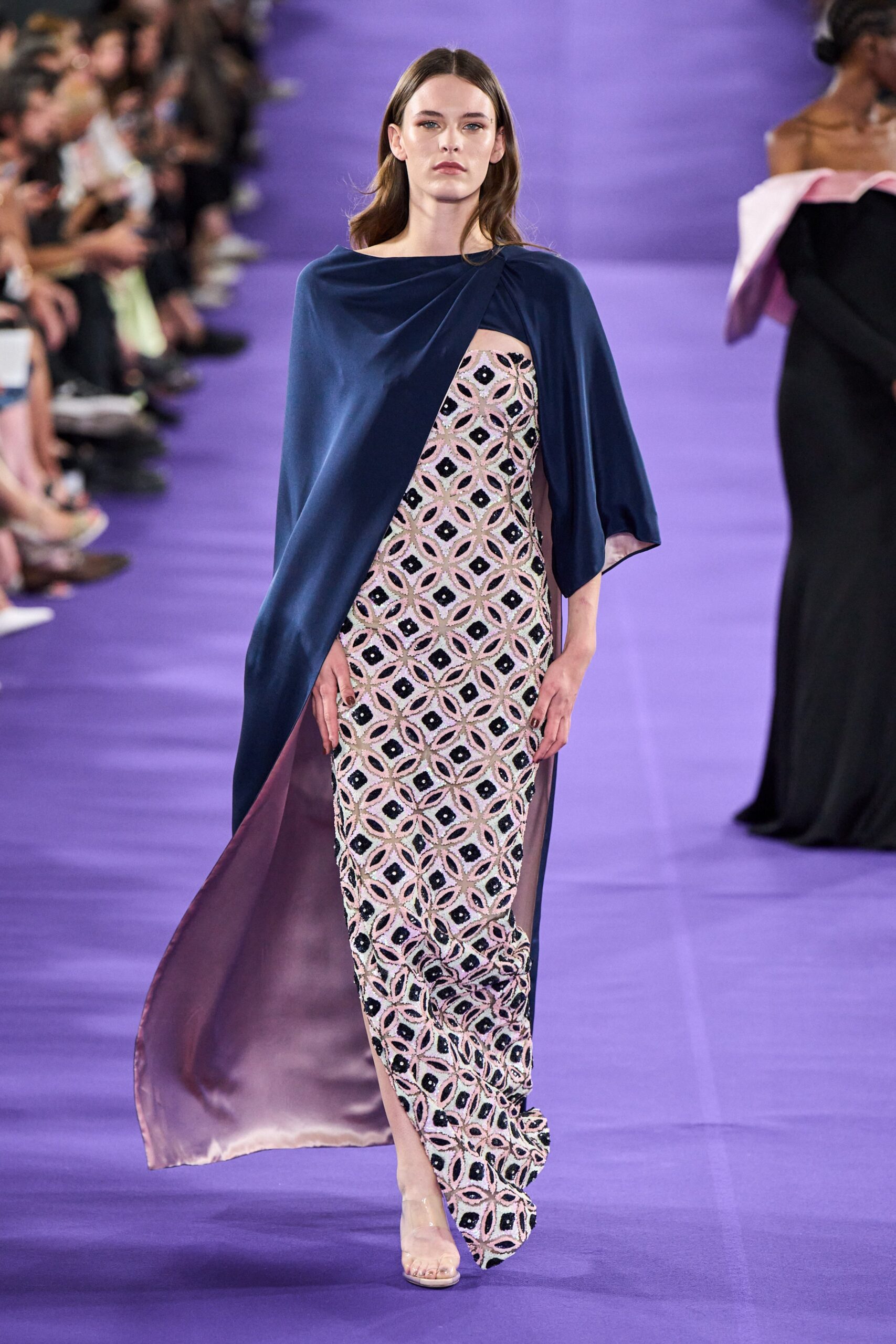 blue embroidered silk gown with cape