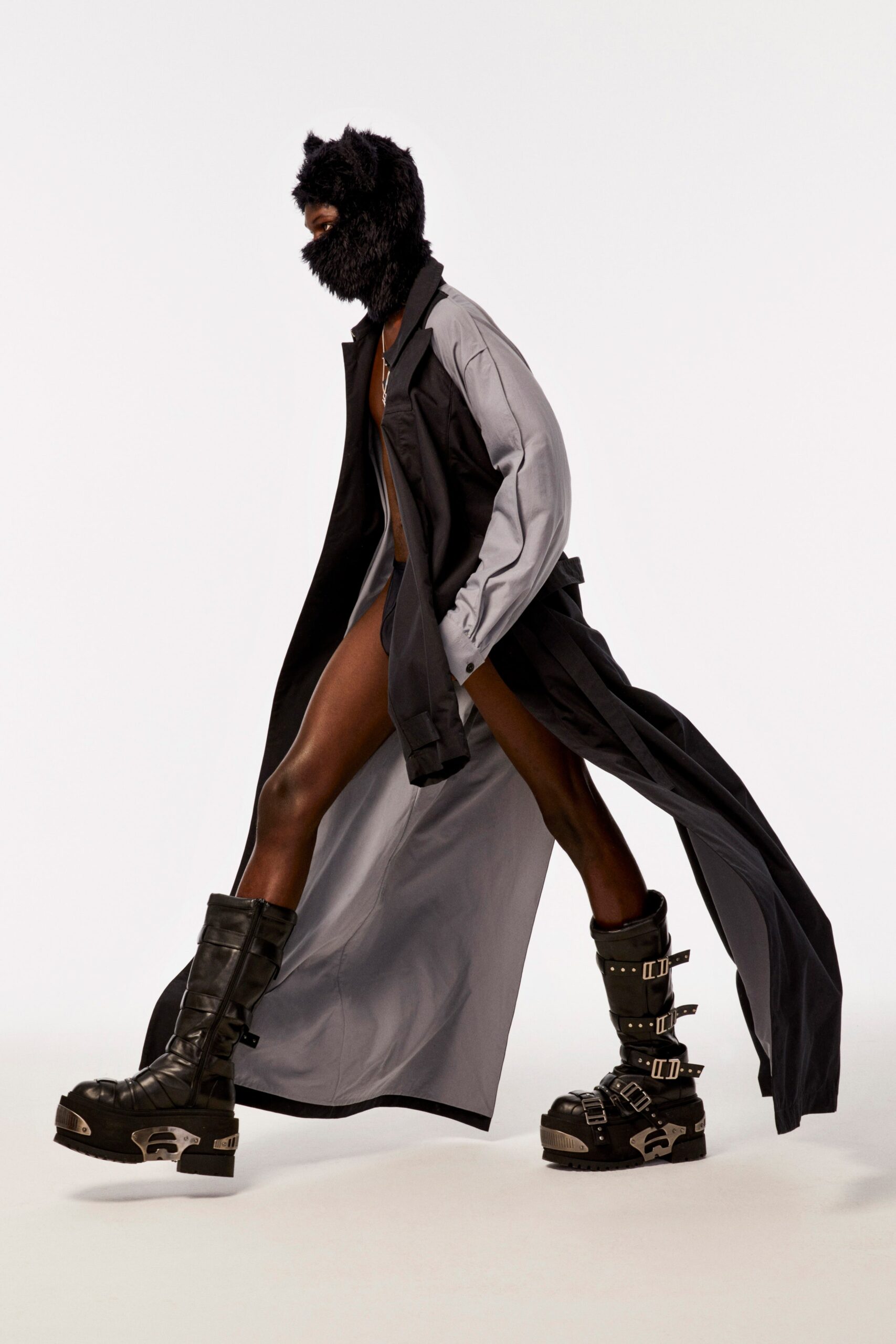 black gray relaxed coat with boots