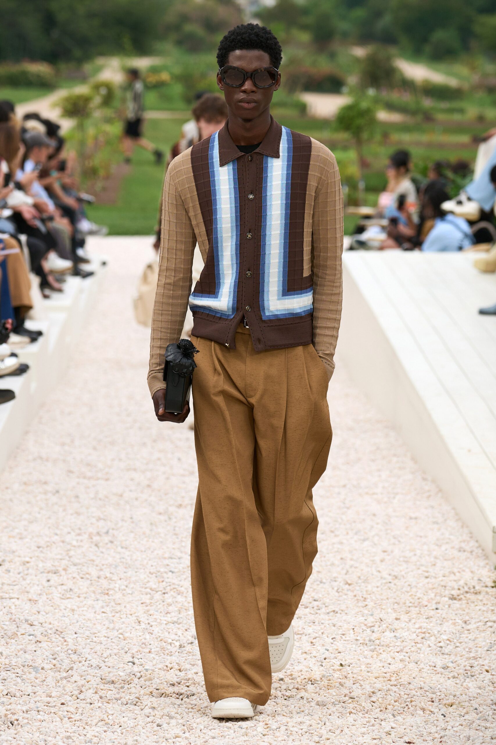 brown striped sweater with wide-leg pants