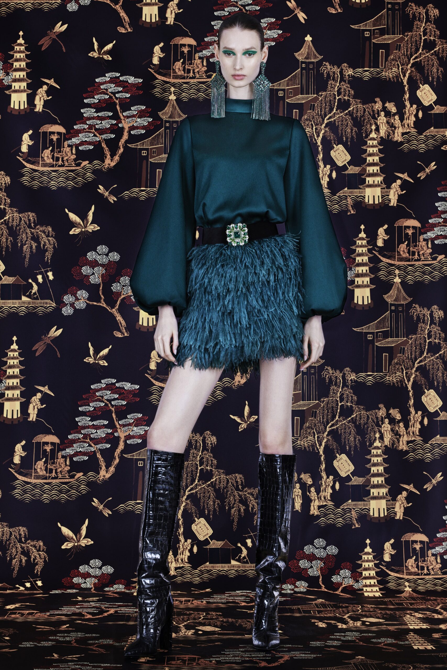 teal silk top with feather skirt