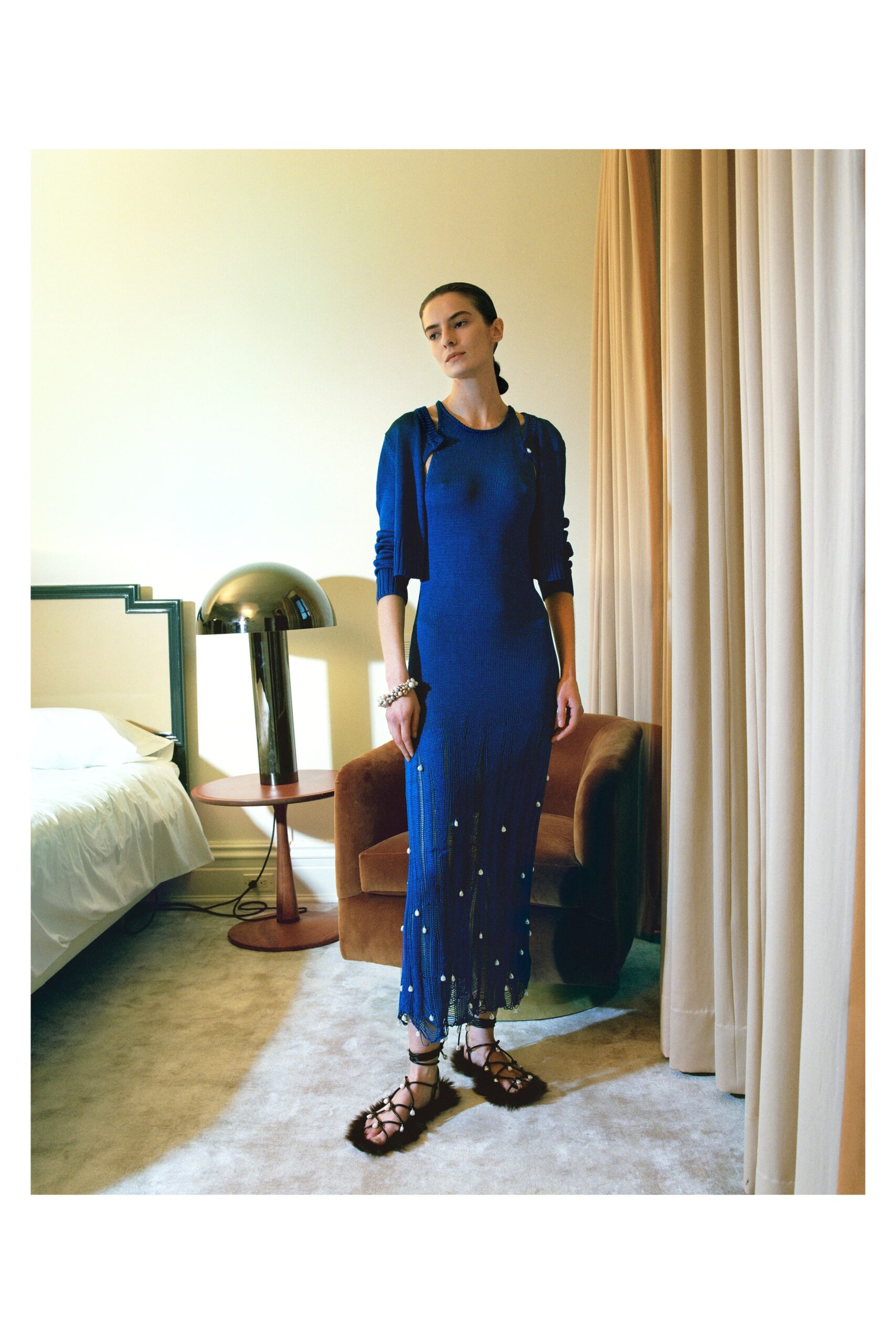 blue knit midi dress with cardigan