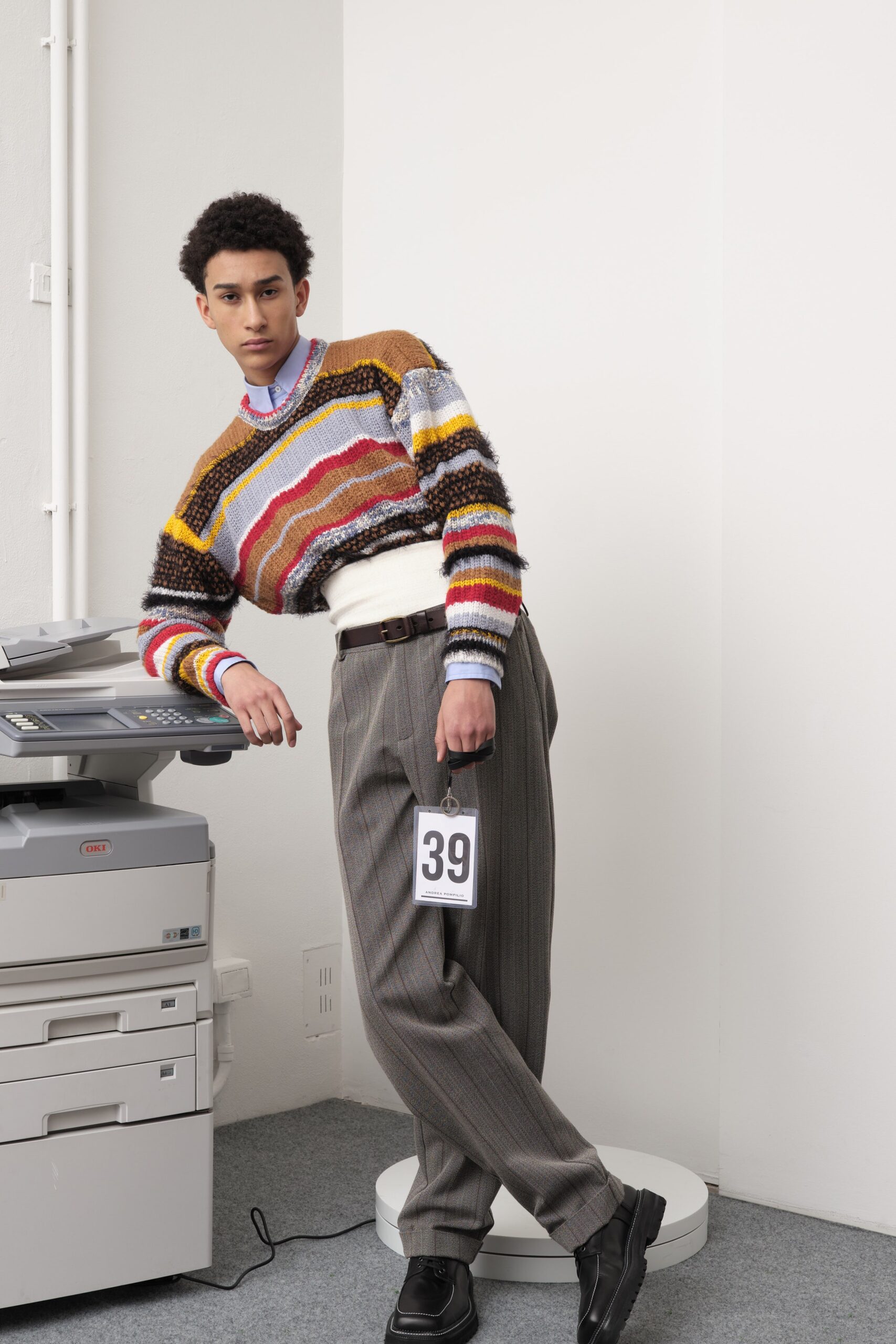 striped wool sweater with tailored pants
