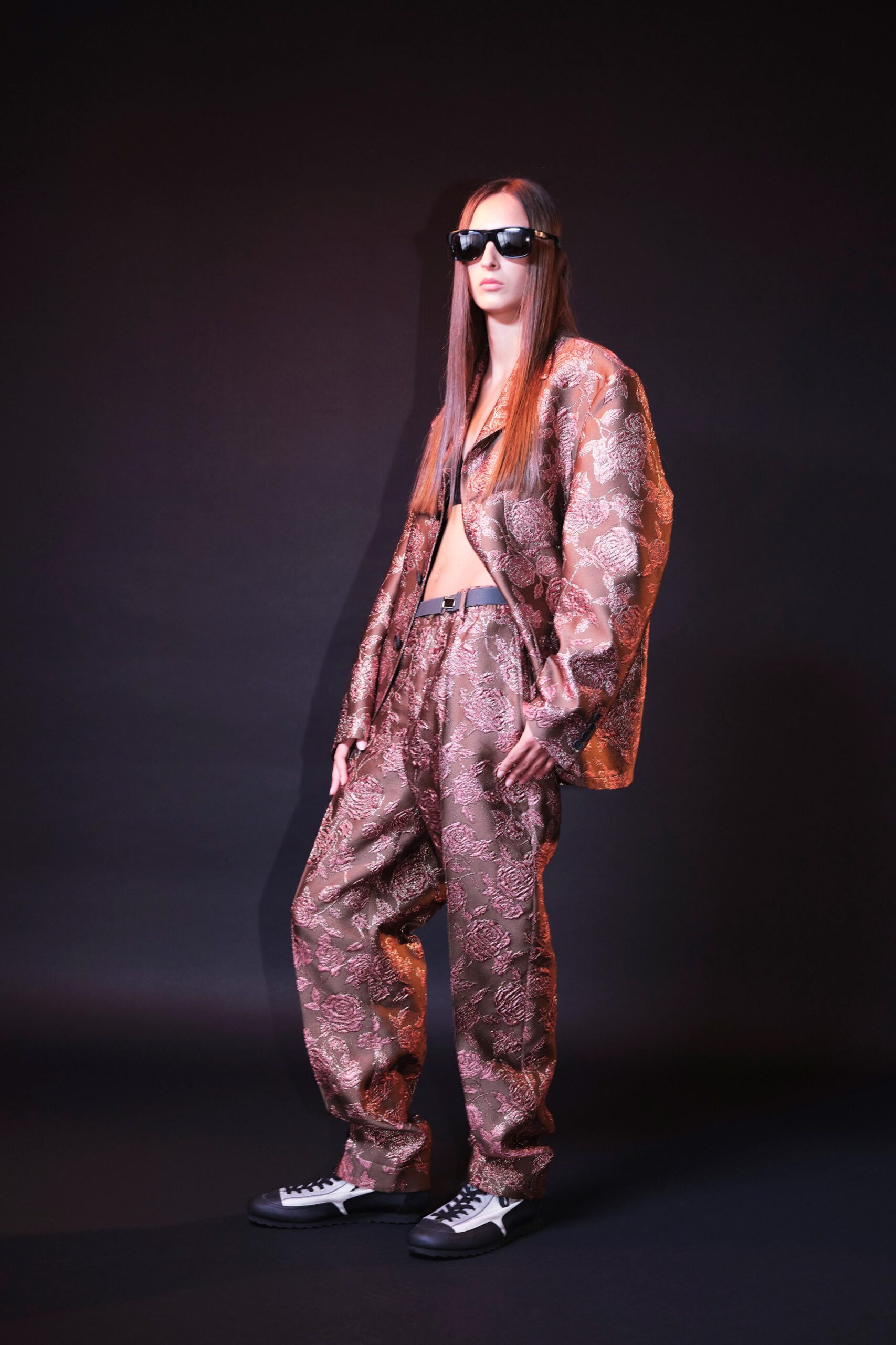 brown silk oversized jacket and pants