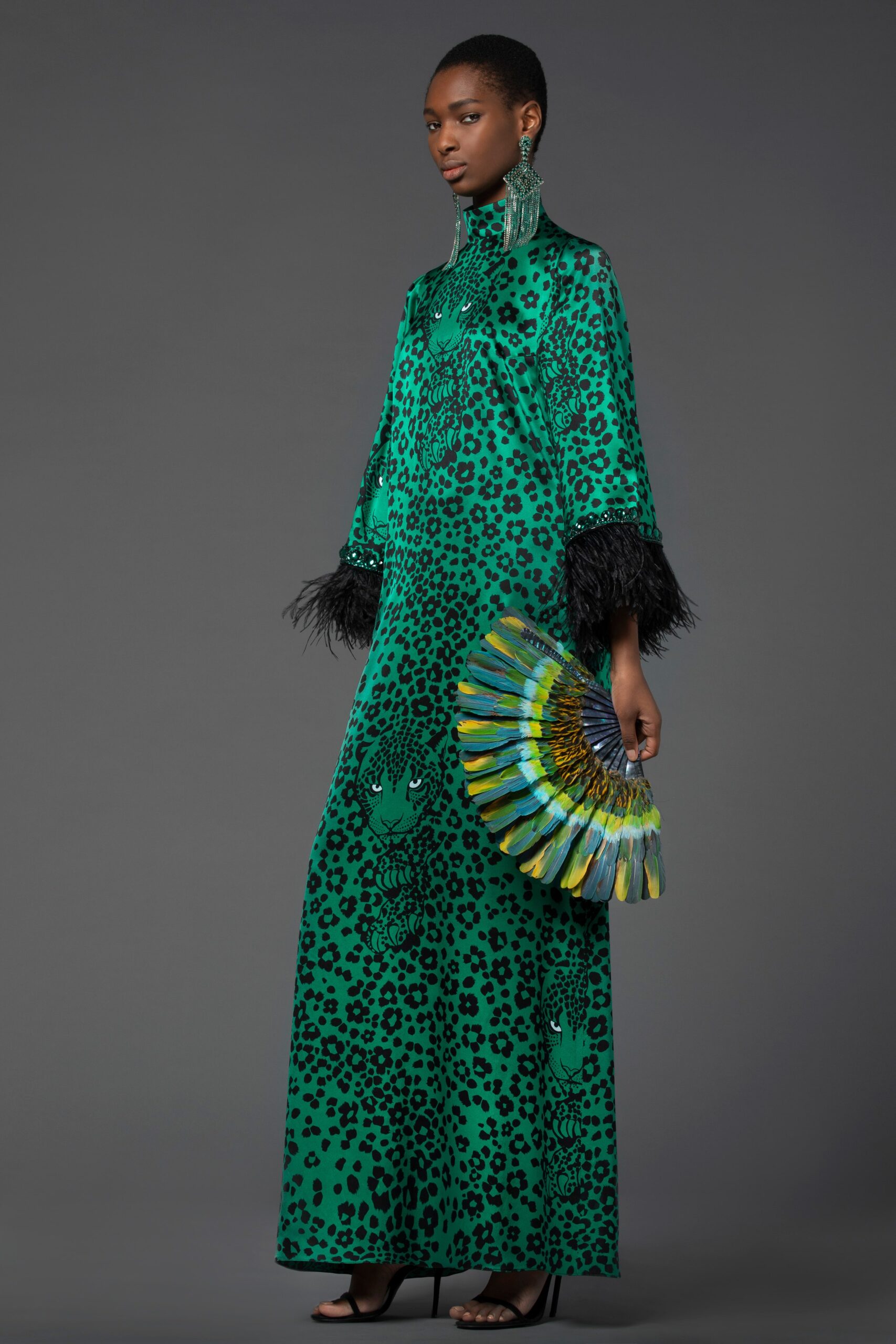 green animal-print gown