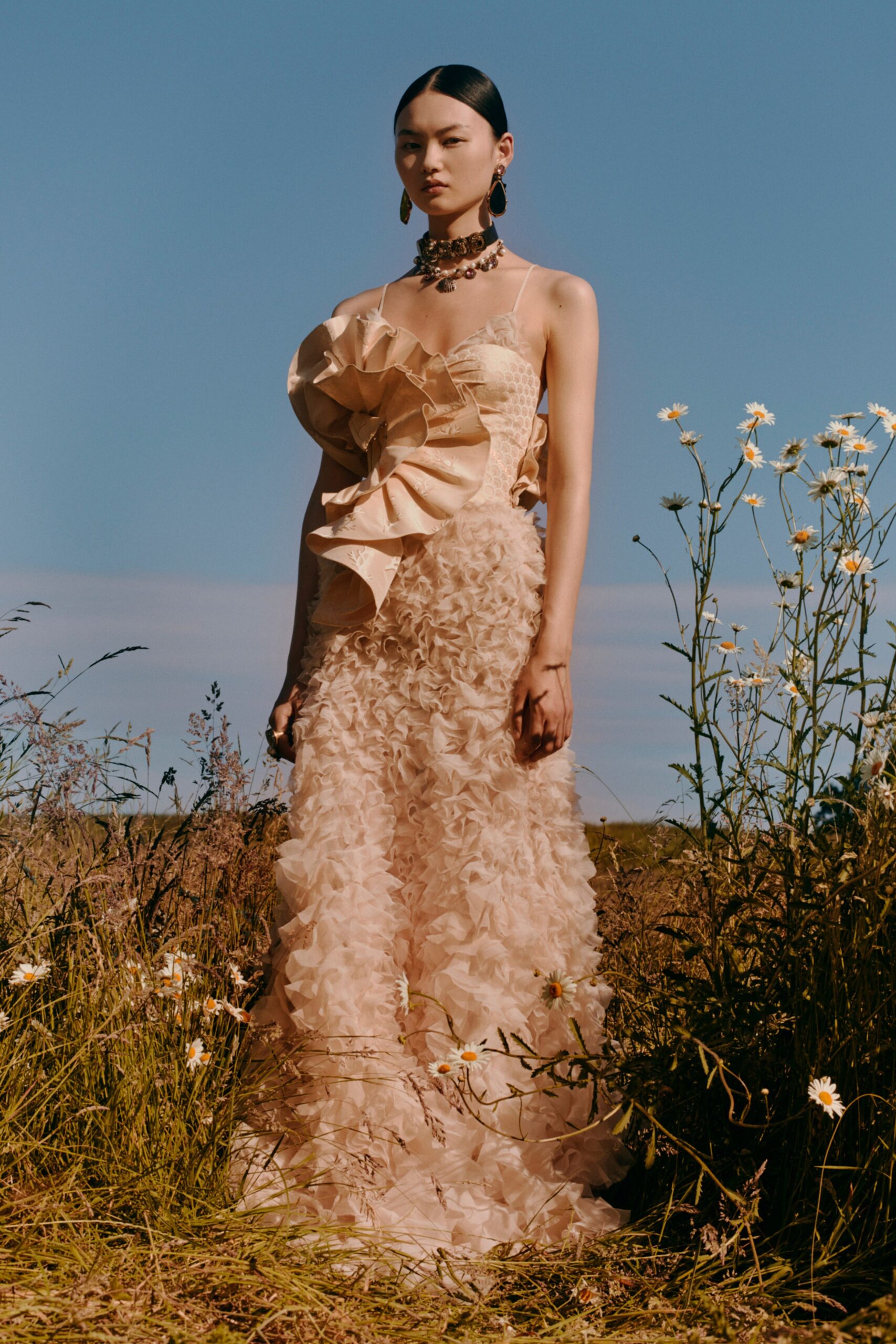 beige silk ruffled gown